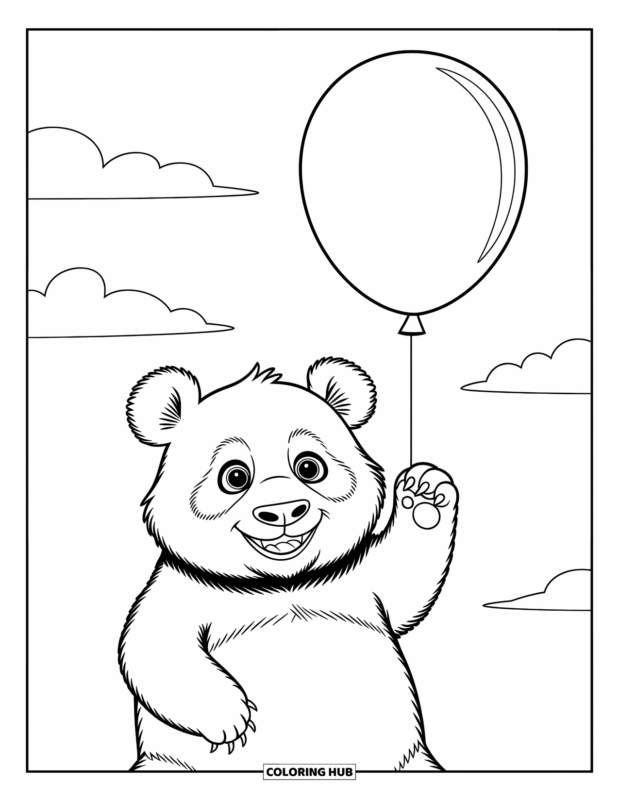 Disegno di un panda da colorare per bambini: Un panda tiene in mano un palloncino, circondato da nuvole soffici e una brezza leggera