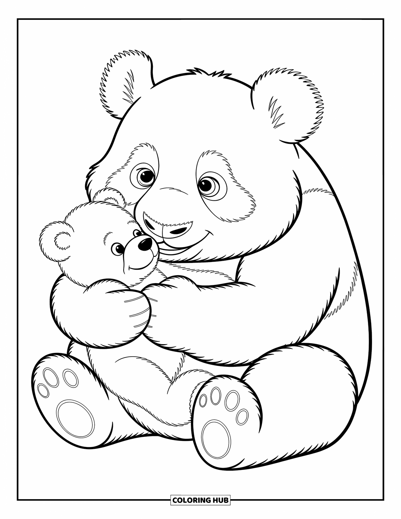 Disegno di panda da colorare per bambini: Un panda tiene un piccolo orsetto di peluche, avvolto in un abbraccio delicato e affettuoso