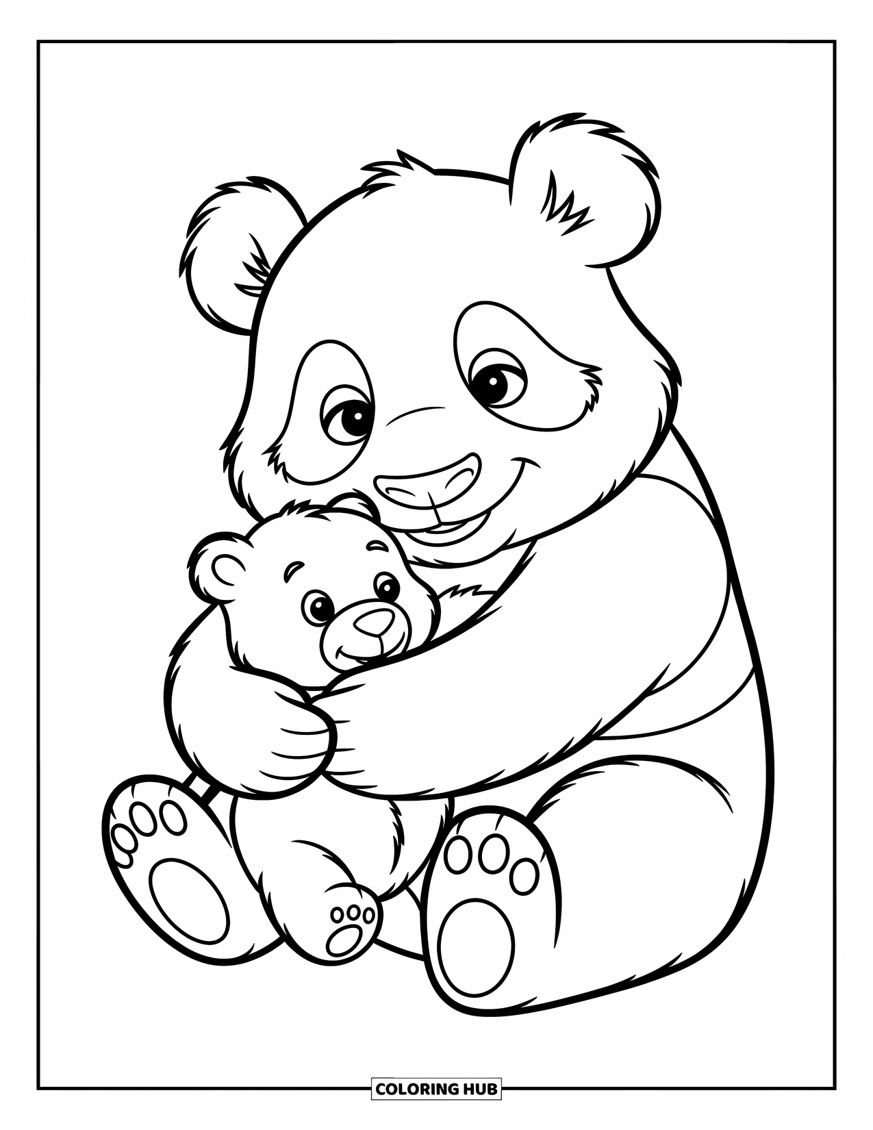 Disegno di panda da colorare per bambini: Un panda abbraccia un piccolo orsetto di peluche, immerso in un caldo abbraccio