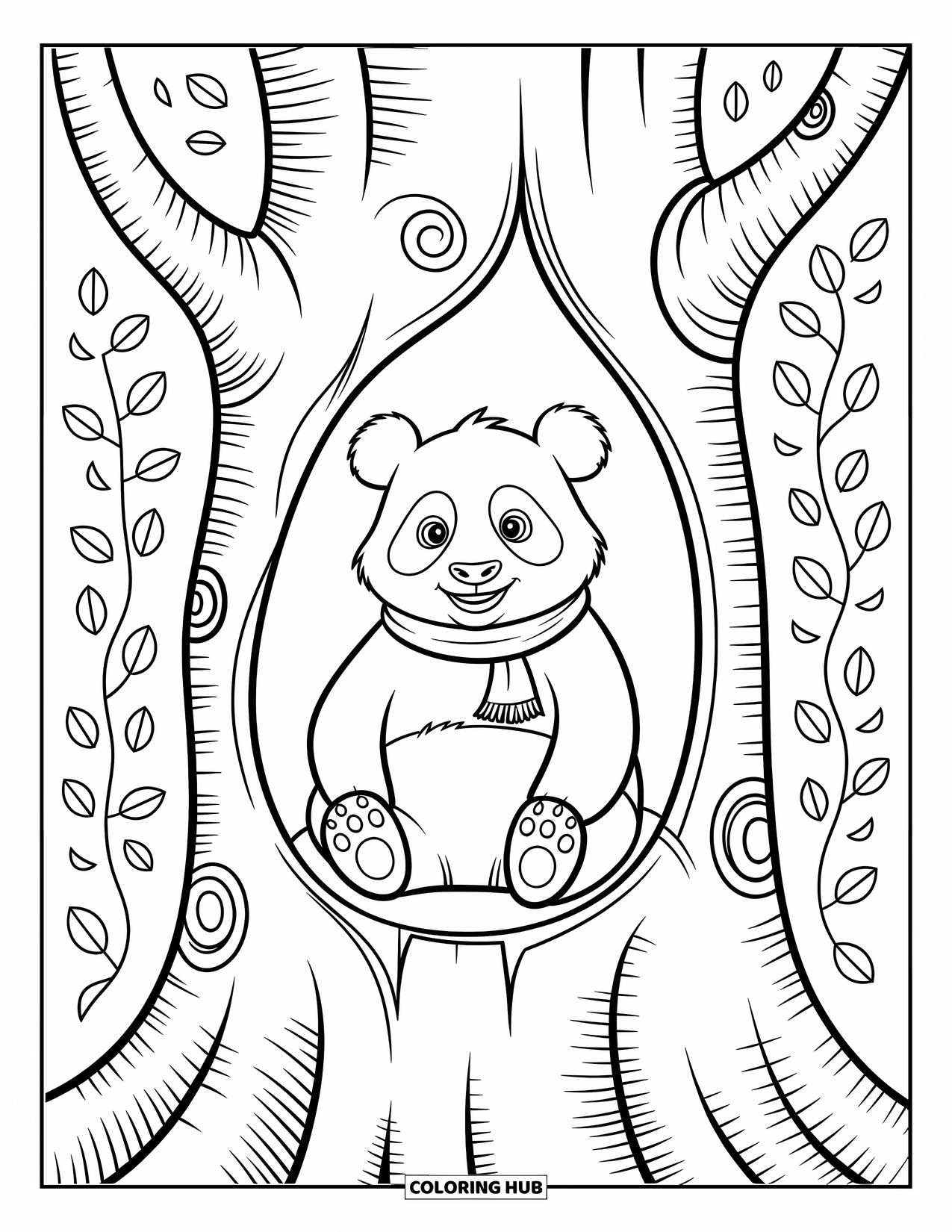 Disegno di un panda da colorare per bambini: Un panda con una sciarpa accogliente riposa all'interno di un tronco d'albero cavo, circondato da foglie e ghiande stravaganti
