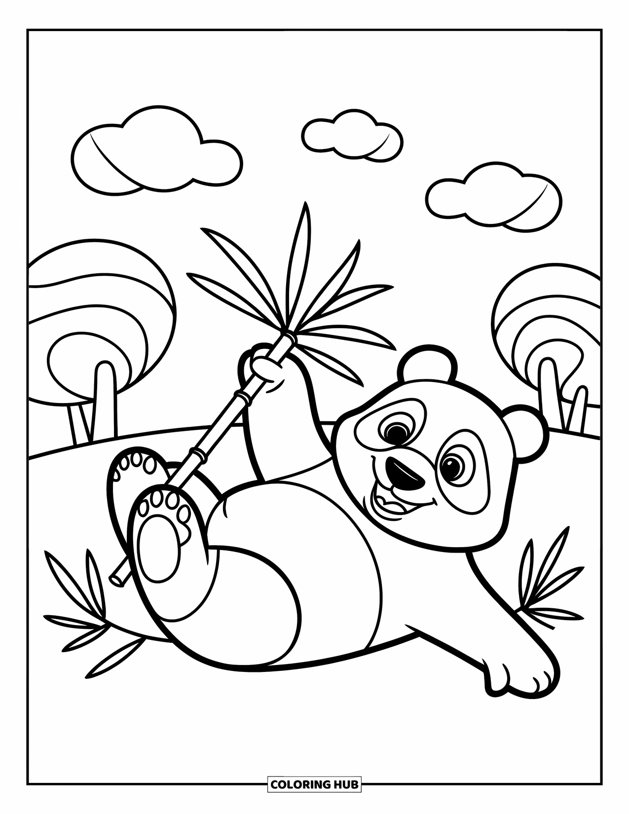 Disegno di panda da colorare per bambini: Un panda giace sulla schiena, tenendo un germoglio di bambù con una zampa, apparendo rilassato e contento
