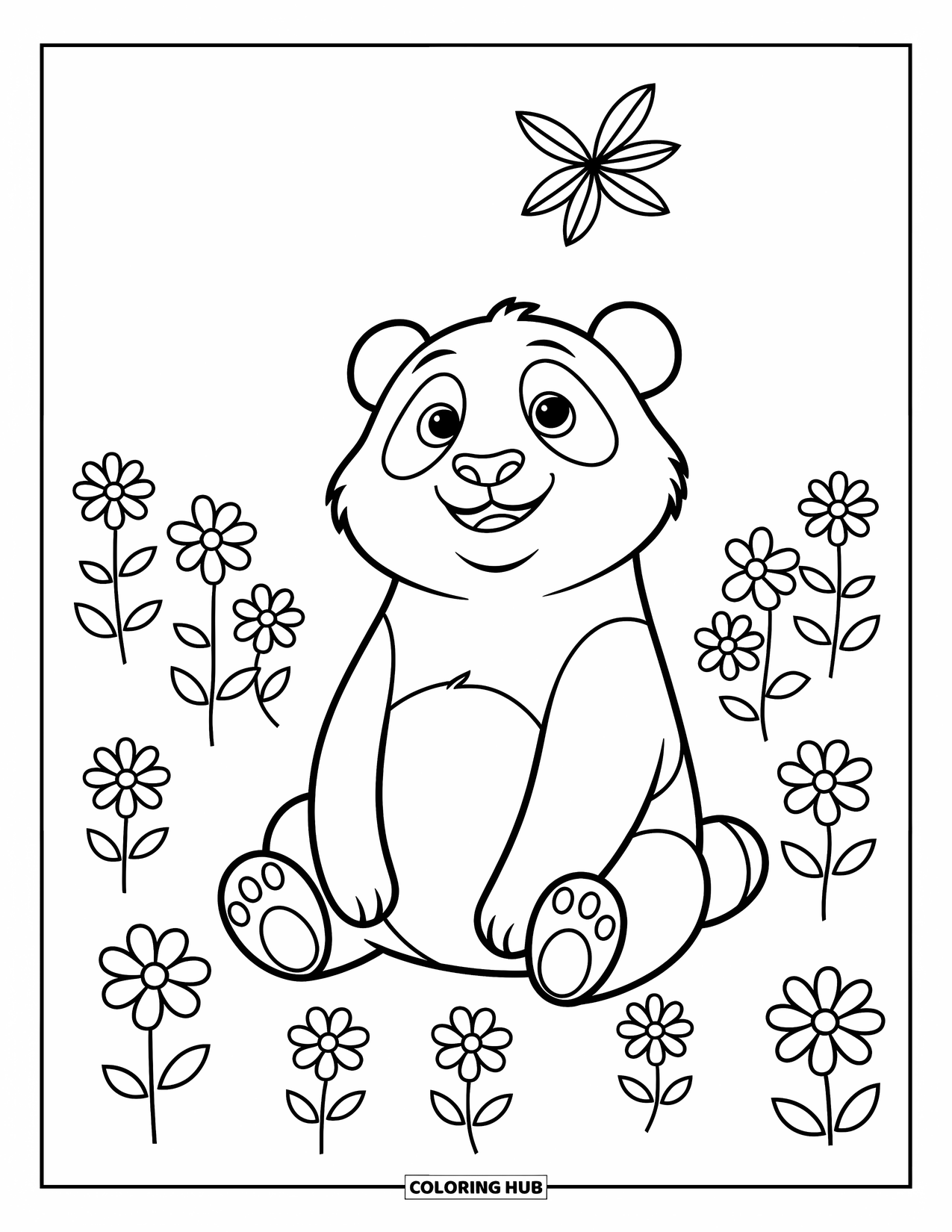 Disegno di panda da colorare per bambini: Un panda guarda in alto una foglia che fluttua mentre è circondato da fiori delicati in una scena tranquilla