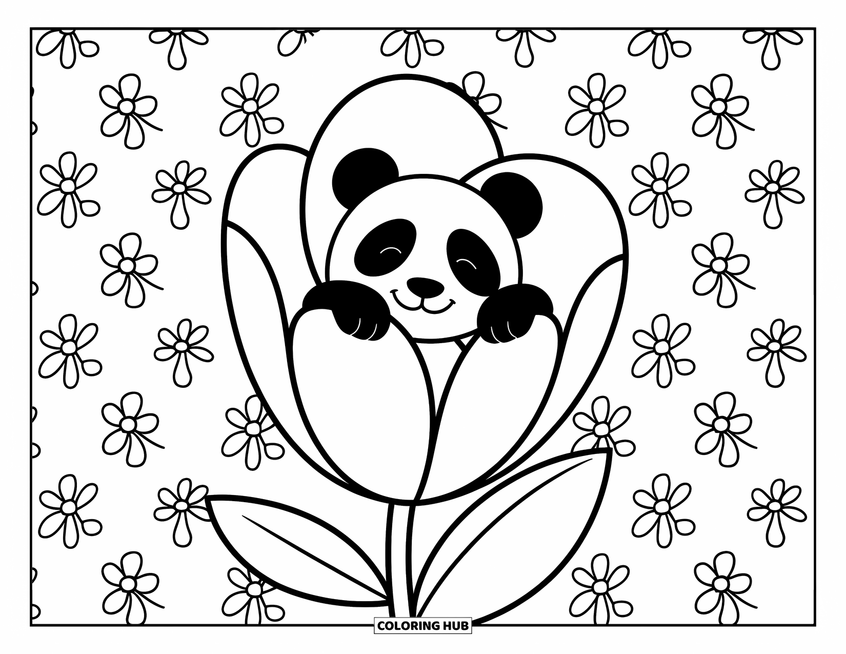 Disegno di panda da colorare per bambini: Un panda si rilassa in un fiore gigante, pacificamente circondato dai suoi morbidi petali