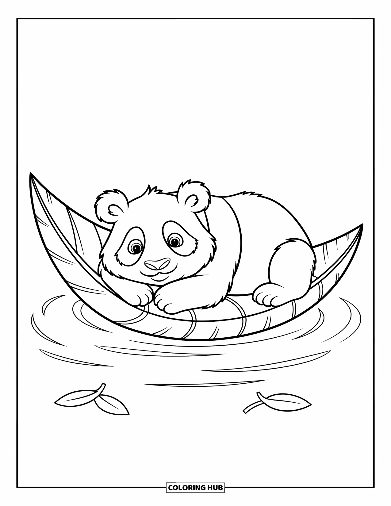 Disegno di un panda da colorare per bambini: Un panda si rilassa su una foglia di bambù, galleggiando dolcemente lungo un fiume calmo con uno sguardo pacifico