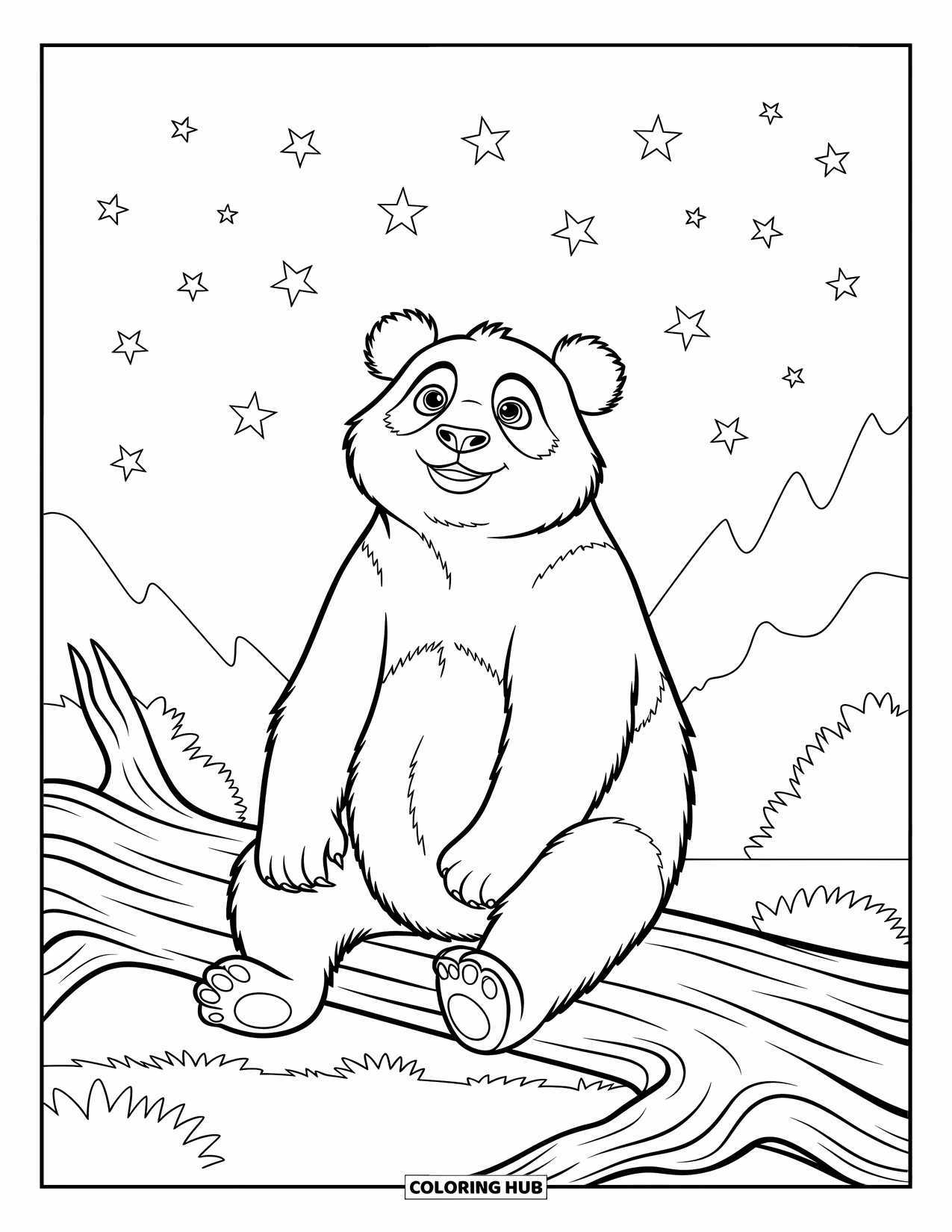 Disegno di panda da colorare per bambini: Un panda si rilassa su un albero caduto, guardando un cielo notturno da sogno con uno sguardo di meraviglia
