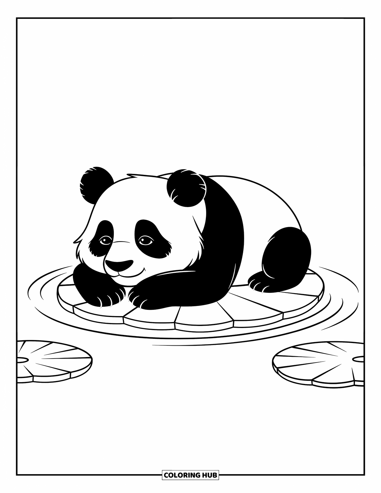 Disegno di panda da colorare per bambini: Un panda si rilassa su una ninfea galleggiante, guardando l'acqua increspata in una scena tranquilla