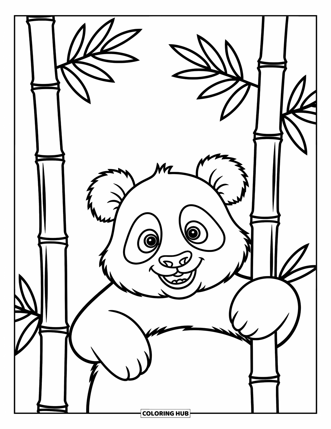 Disegno di un panda da colorare per bambini: Un panda sbircia da dietro un gambo di bambù, il suo viso rotondo pieno di curiosità