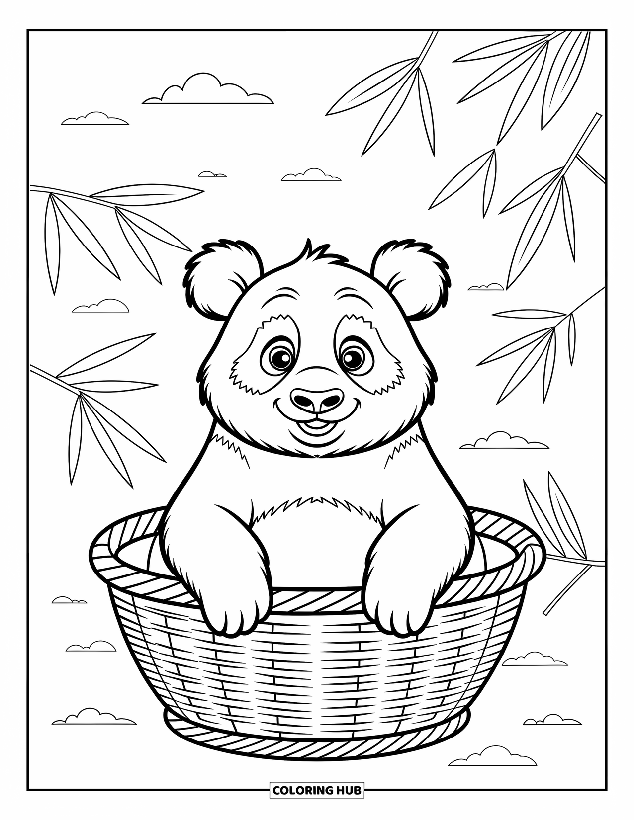 Disegno di panda da colorare per bambini: Un panda sbircia da un cesto, immerso tra delicate foglie di bambù in una scena semplice e affascinante