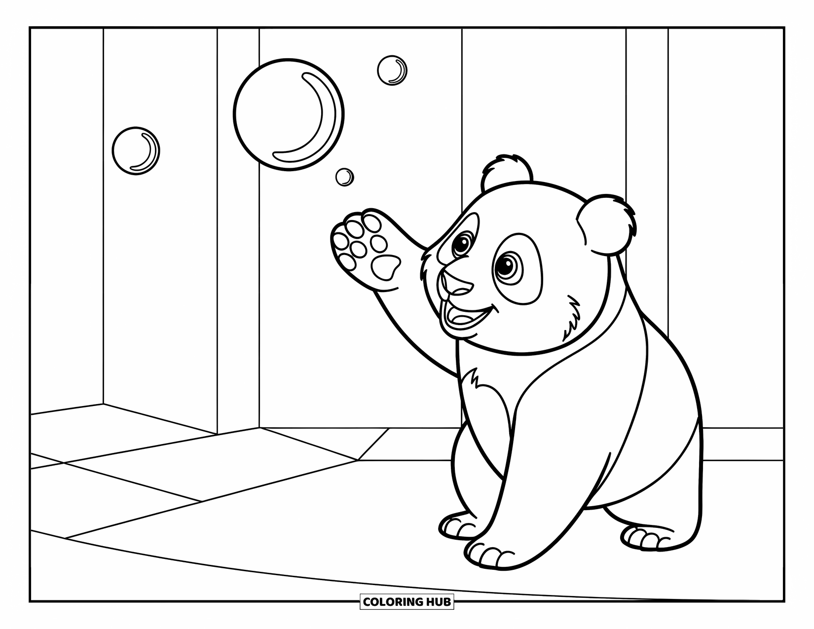 Disegno di panda da colorare per bambini: Un panda gioca con una bolla fluttuante, perso in un momento di gioia