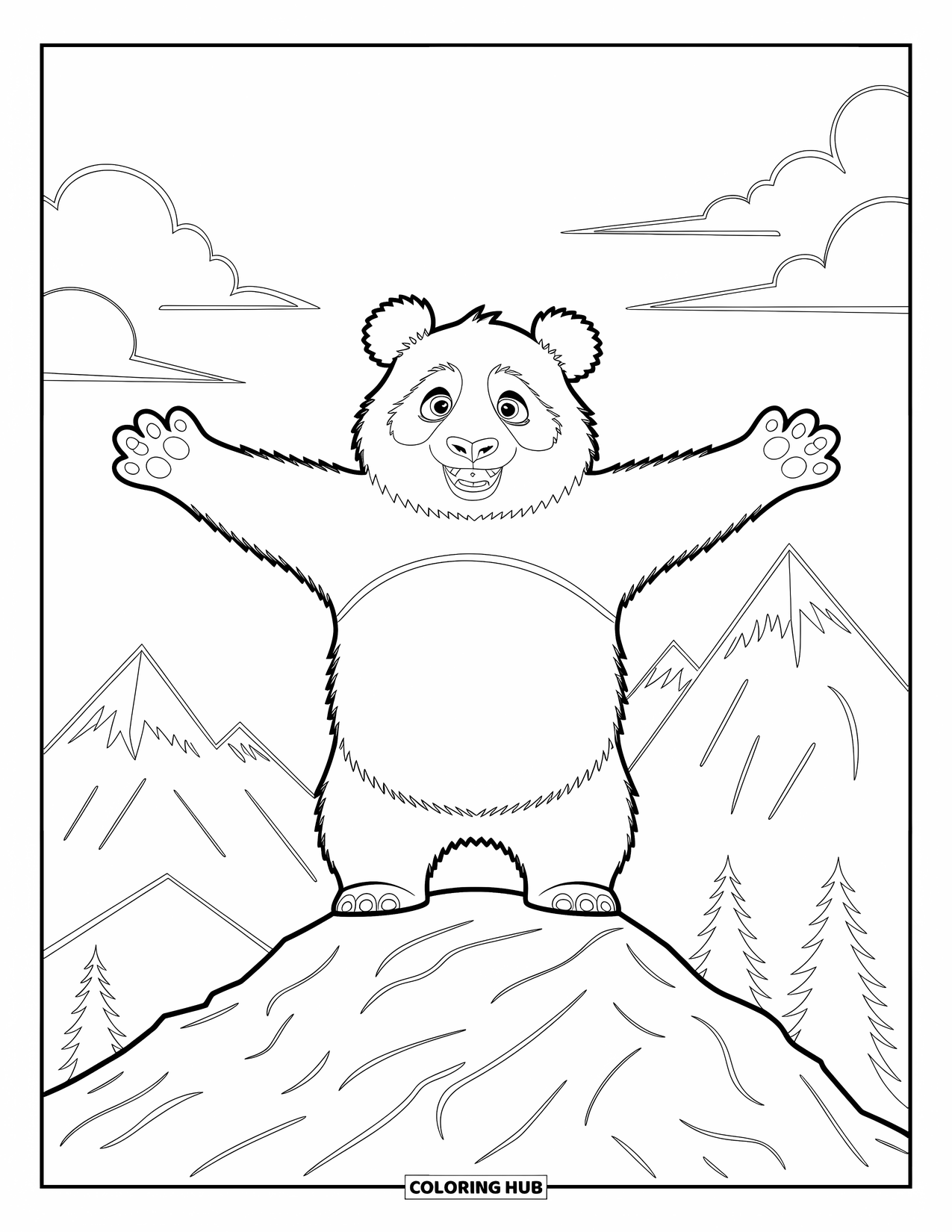 Disegno di un panda da colorare per bambini: Un panda allunga la zampa in uno stagno calmo, creando dolci increspature sulla superficie dell'acqua