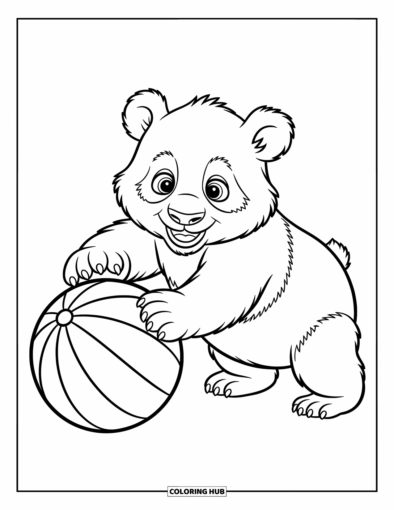 Disegno di panda da colorare per bambini: Un panda allunga la zampa, facendo rotolare giocosamente una palla in una scena semplice e coinvolgente