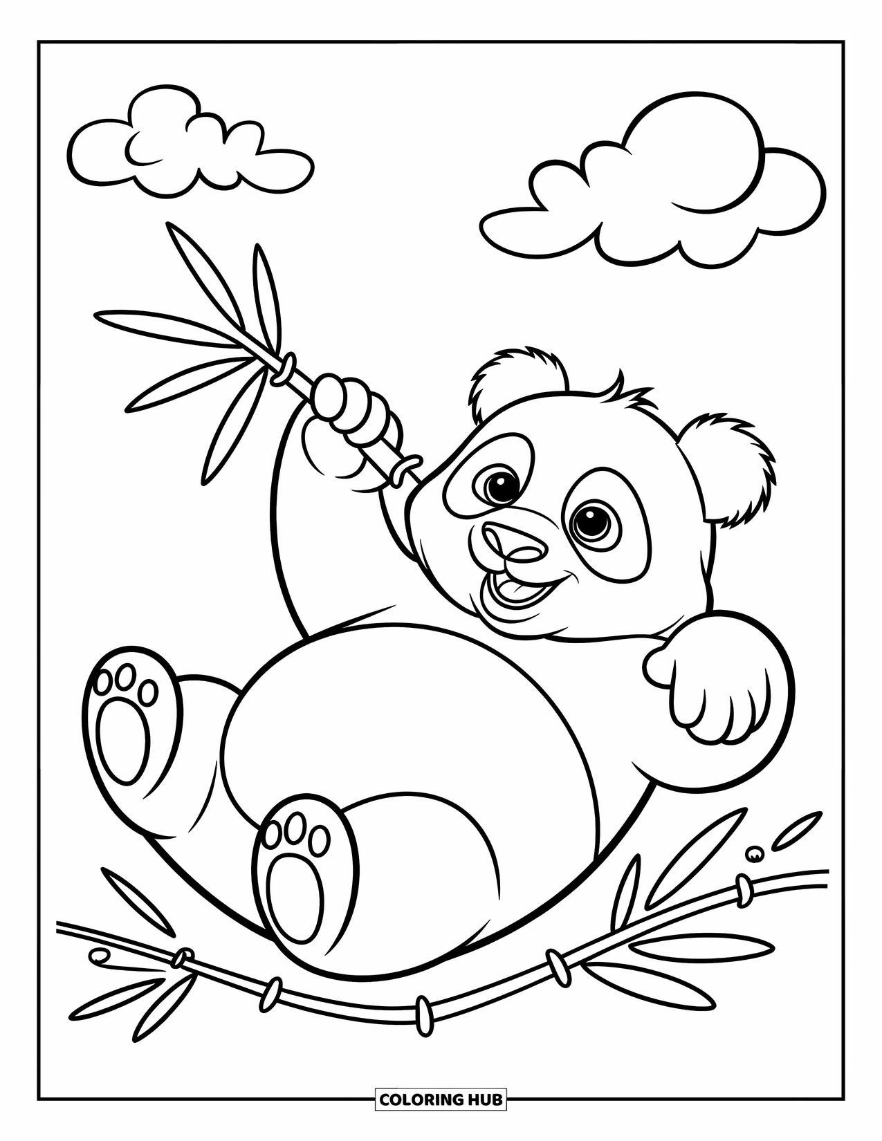 Disegno di un panda da colorare per bambini: Un panda si rilassa sulla schiena, tenendo in mano un germoglio di bambù, circondato da morbide foglie di bambù