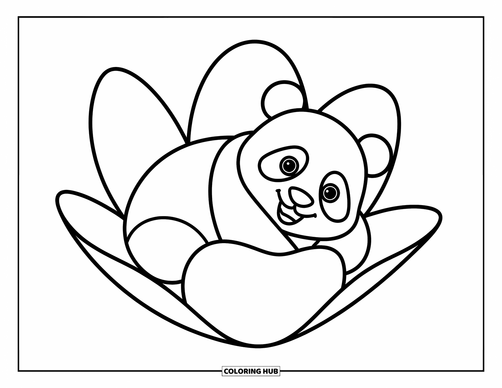 Disegno di panda da colorare per bambini: Un panda riposa all'interno di un fiore gigante, immerso tra petali morbidi e curvi