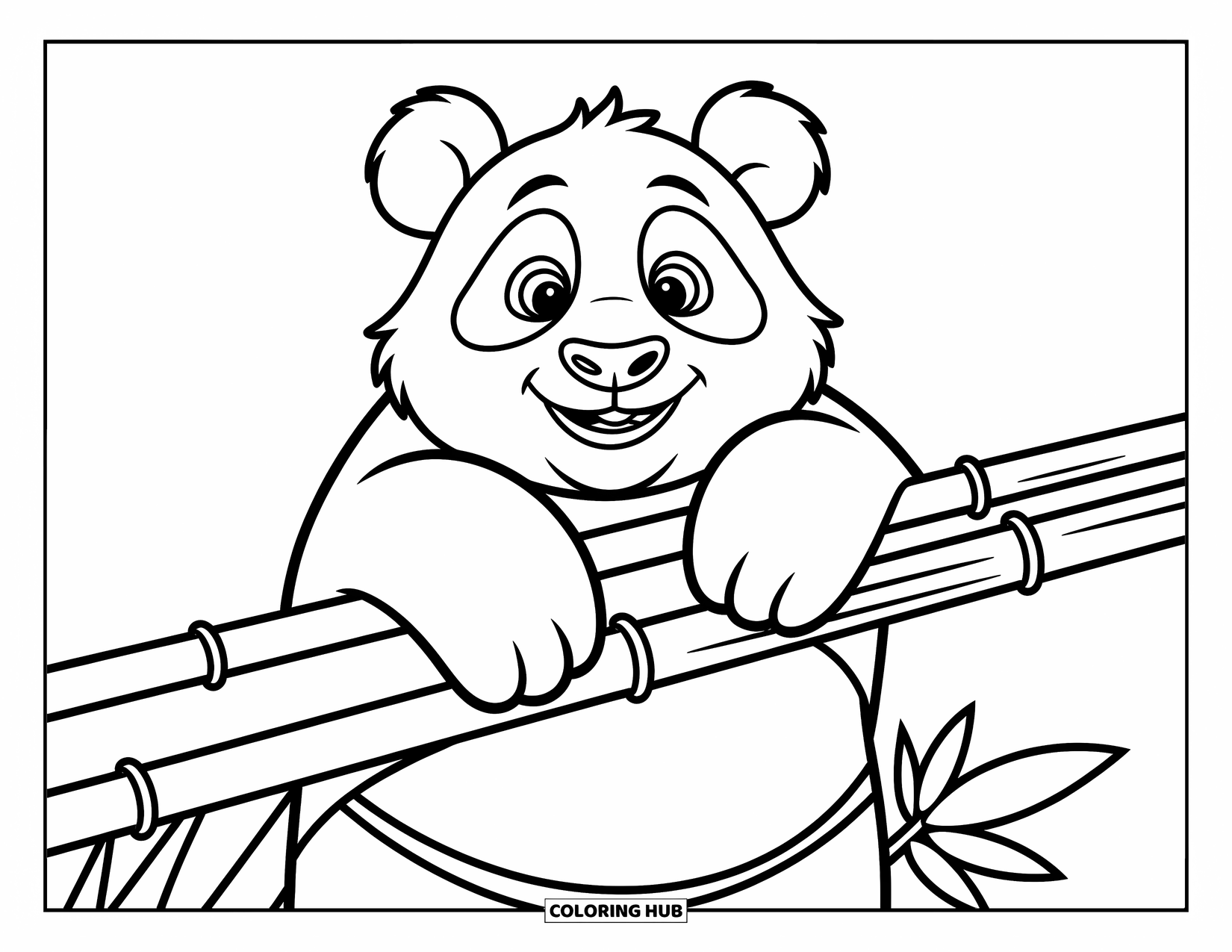 Disegno di panda da colorare per bambini: Un panda appoggia le zampe su un imponente germoglio di bambù, guardandosi intorno con meraviglia