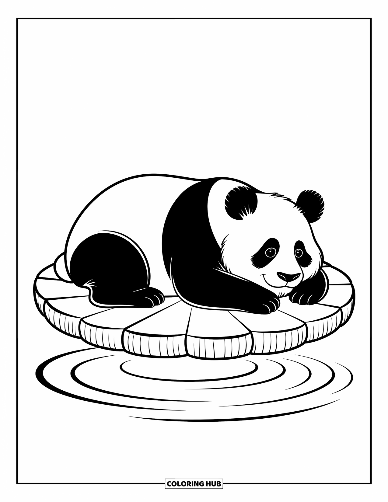 Disegno di panda da colorare per bambini: Un panda riposa pensieroso su una ninfea, circondato da delicate increspature d'acqua e un'atmosfera serena