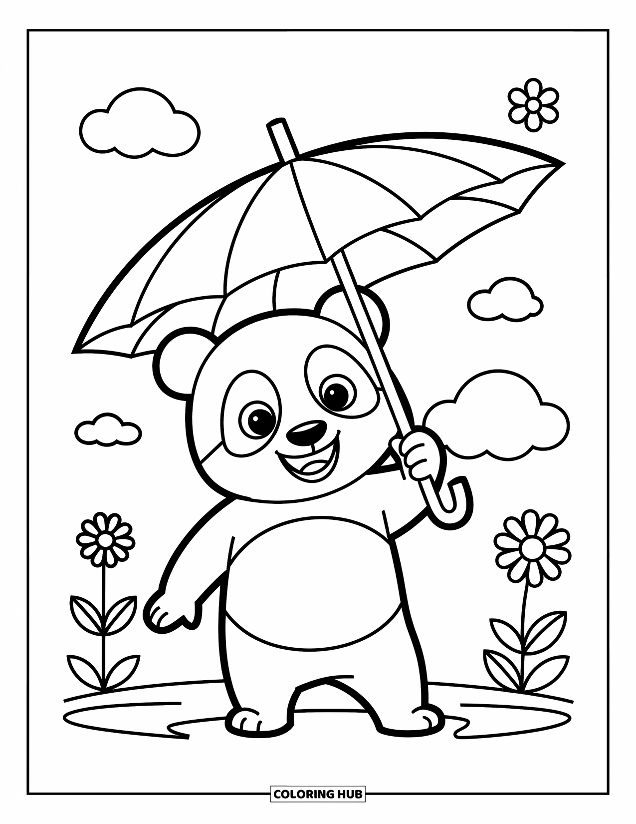 Disegno di un panda da colorare per bambini: Un panda riposa sotto una foglia gigante, usandola come un ombrello giocoso