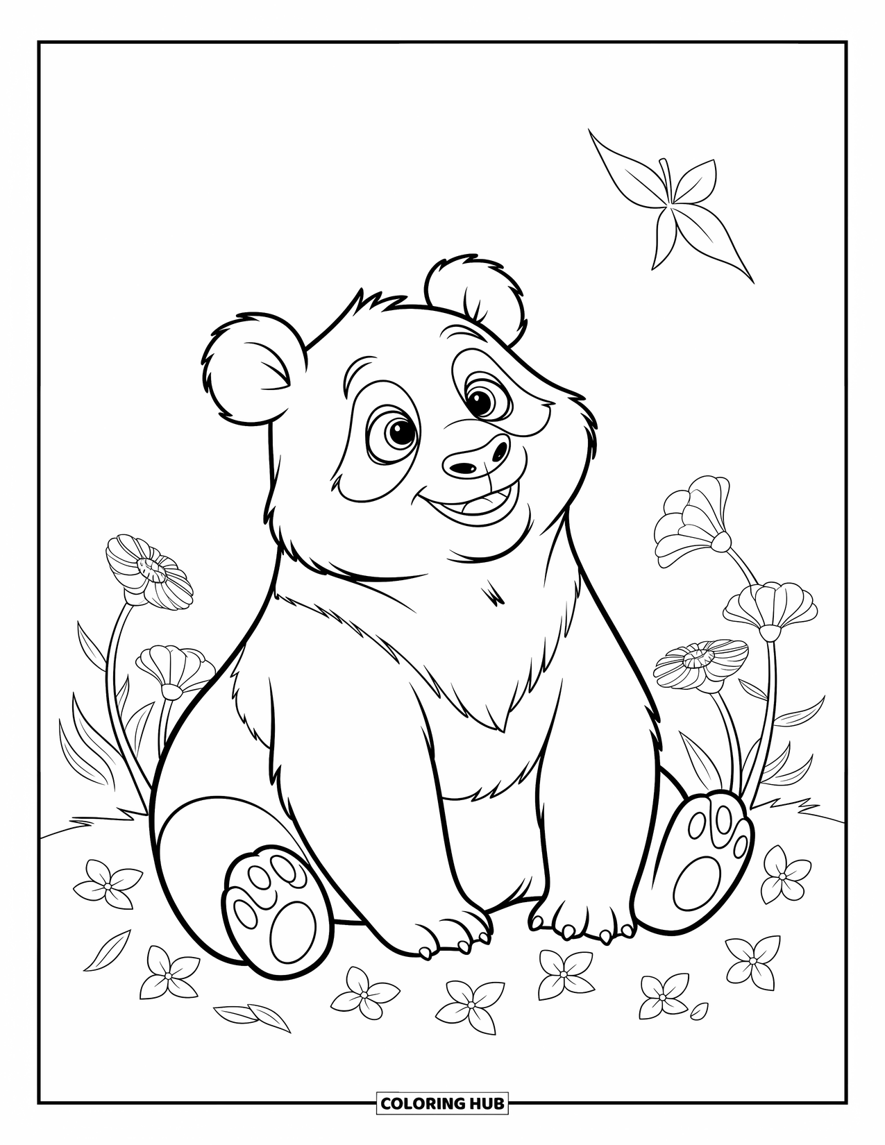 Disegno di panda da colorare per bambini: Un panda siede tra i fiori, osservando una foglia danzare nell'aria con occhi spalancati e curiosi