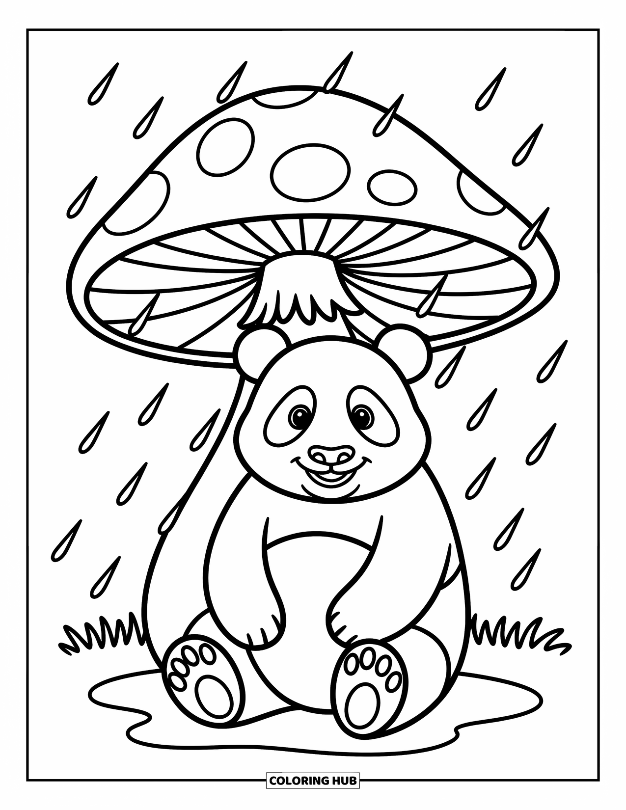 Disegno di panda da colorare per bambini: Un panda siede comodamente sotto un fungo gigante, rimanendo asciutto mentre le gocce di pioggia cadono intorno