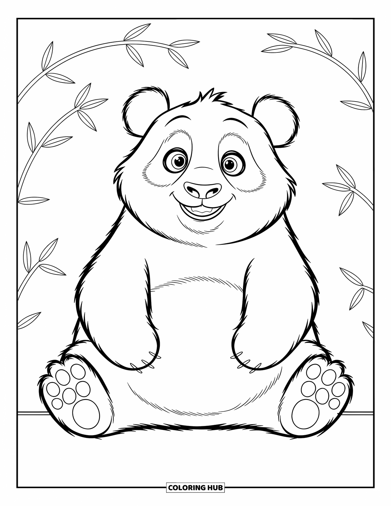 Disegno di panda da colorare per bambini: Un panda siede felicemente con le gambe divaricate, guardando verso l'alto con meraviglia