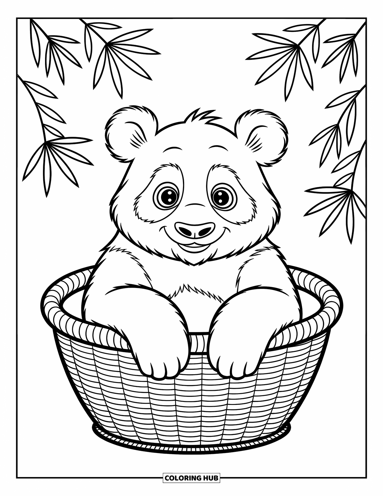 Disegno di panda da colorare per bambini: Un panda siede in un accogliente cesto intrecciato, con i suoi occhi spalancati pieni di curiosità giocosa