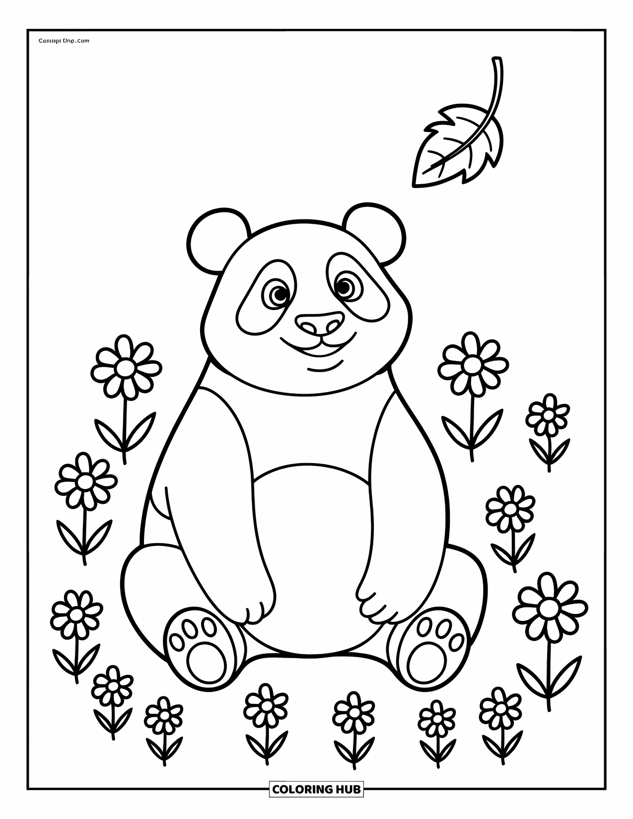 Disegno di panda da colorare per bambini: Un panda siede in un campo di fiori, guardando in alto una foglia fluttuante con curiosità