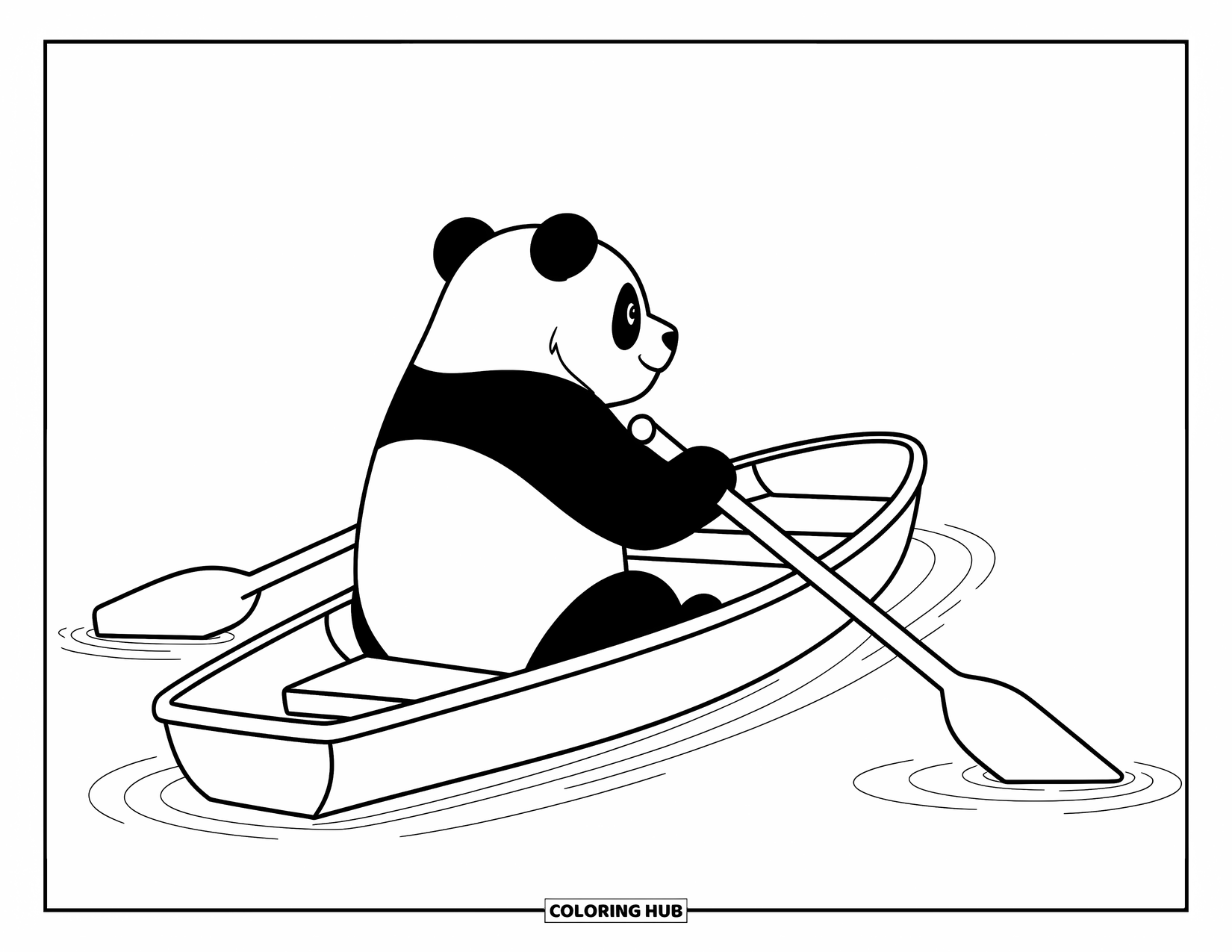 Disegno di panda da colorare per bambini: Un panda siede in una barca a remi, tenendo un remo mentre guarda l'acqua calma davanti a sé
