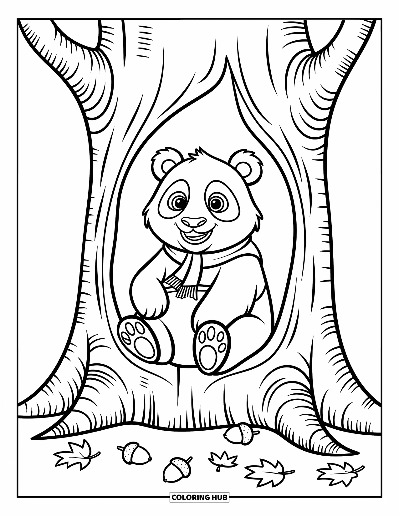 Disegno di un panda da colorare per bambini: Un panda siede all'interno di un tronco d'albero cavo, sbirciando fuori con occhi spalancati, avvolto in una minuscola sciarpa