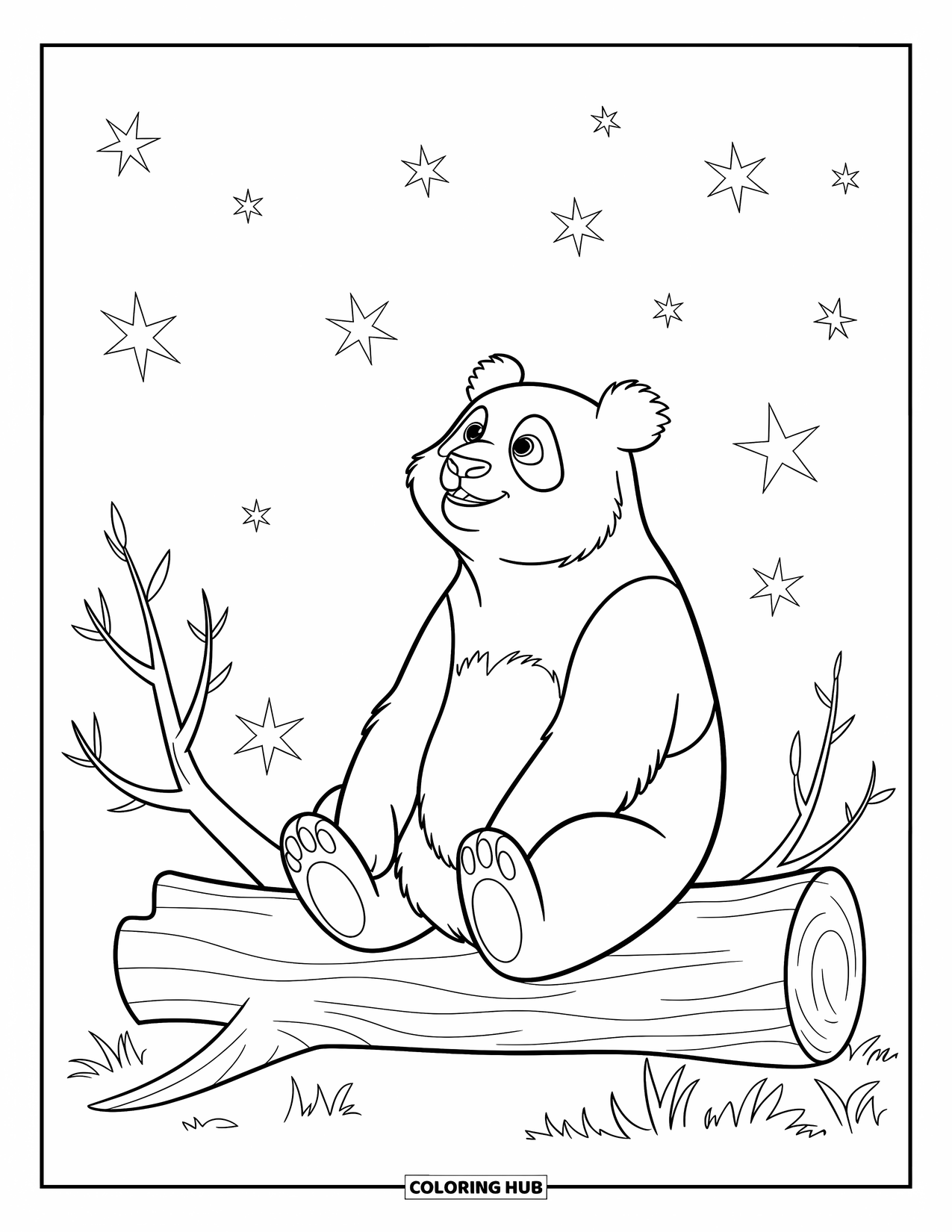 Disegno di panda da colorare per bambini: Un panda siede su un tronco d'albero caduto, guardando in alto un cielo pieno di stelle scintillanti