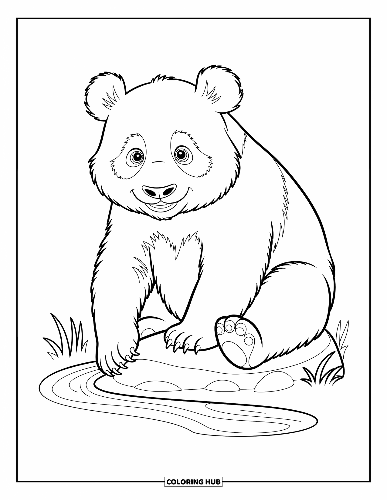 Disegno di un panda da colorare per bambini: Un panda siede su una roccia, immergendo la sua zampa in un ruscello calmo e fluente