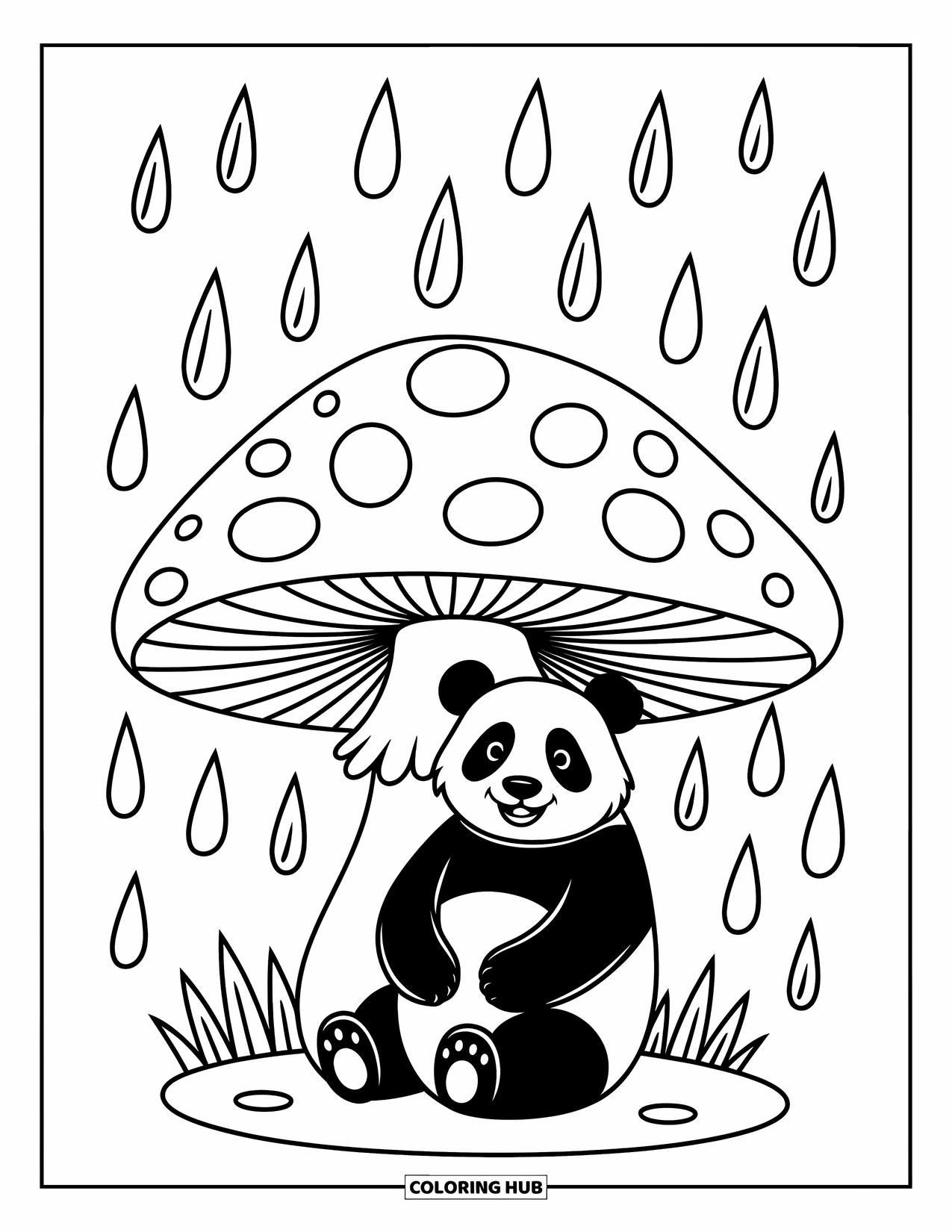 Disegno di un panda da colorare per bambini: Un panda siede pacificamente sotto un fungo imponente, osservando le gocce di pioggia creare un ritmo rilassante