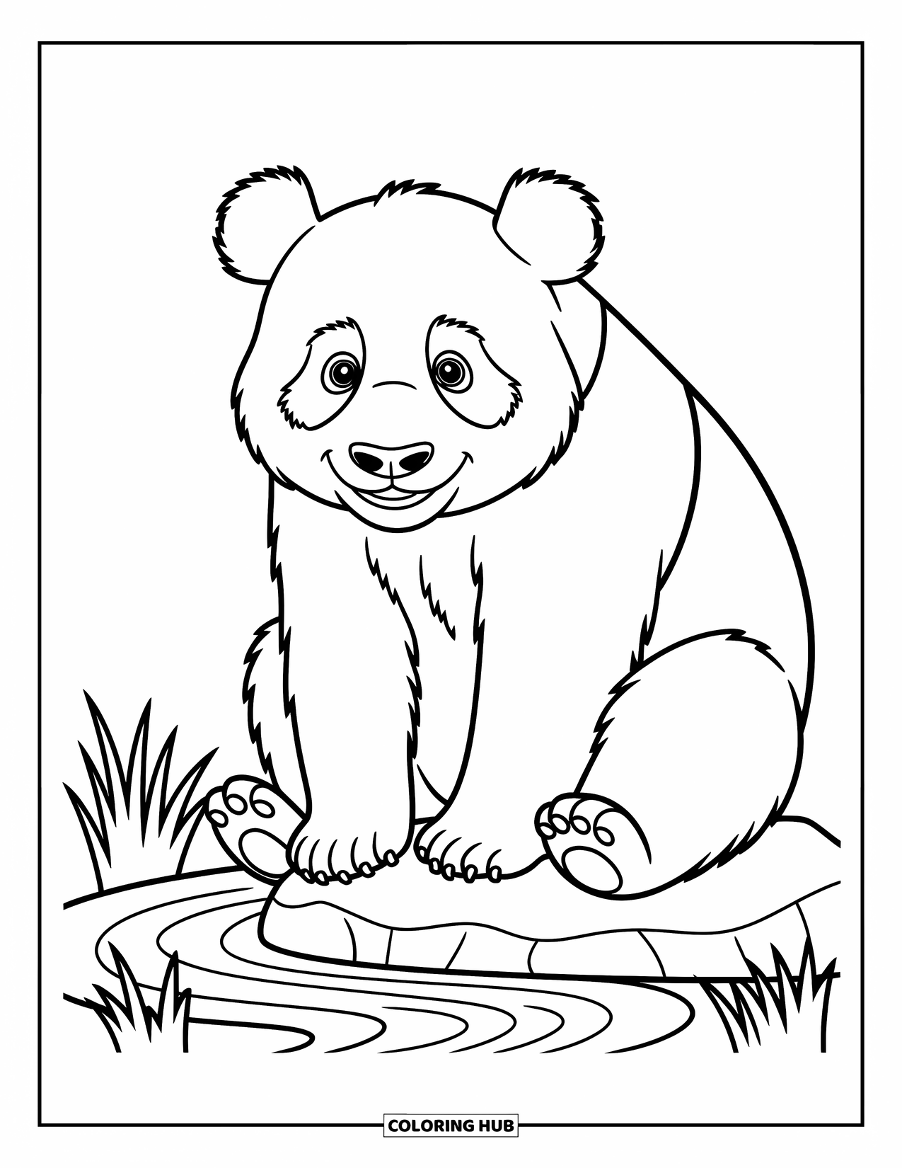 Disegno di panda da colorare per bambini: Un panda siede pacificamente su una roccia, con la zampa immersa in un ruscello tranquillo e fluente
