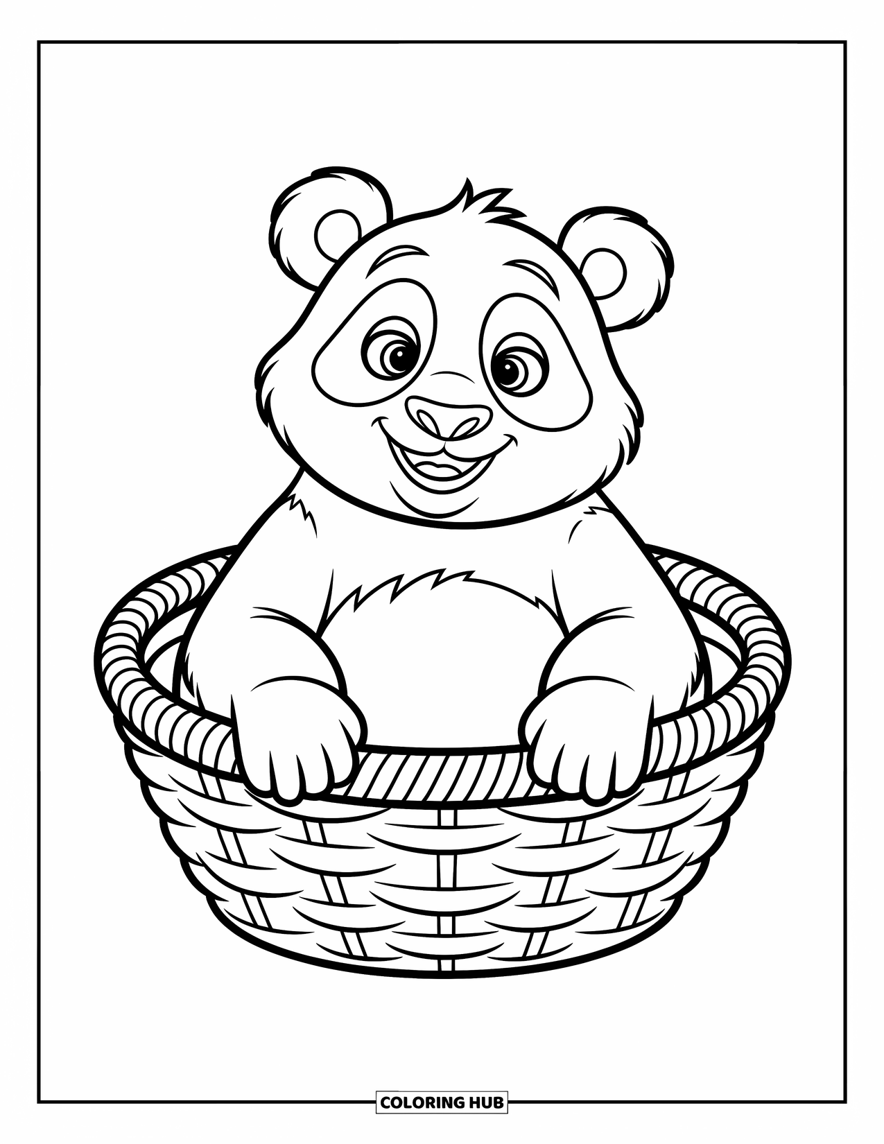 Disegno di panda da colorare per bambini: Un panda siede comodamente in un cesto, con il suo corpo rotondo incorniciato da nuvole soffici e bambù ondeggiante