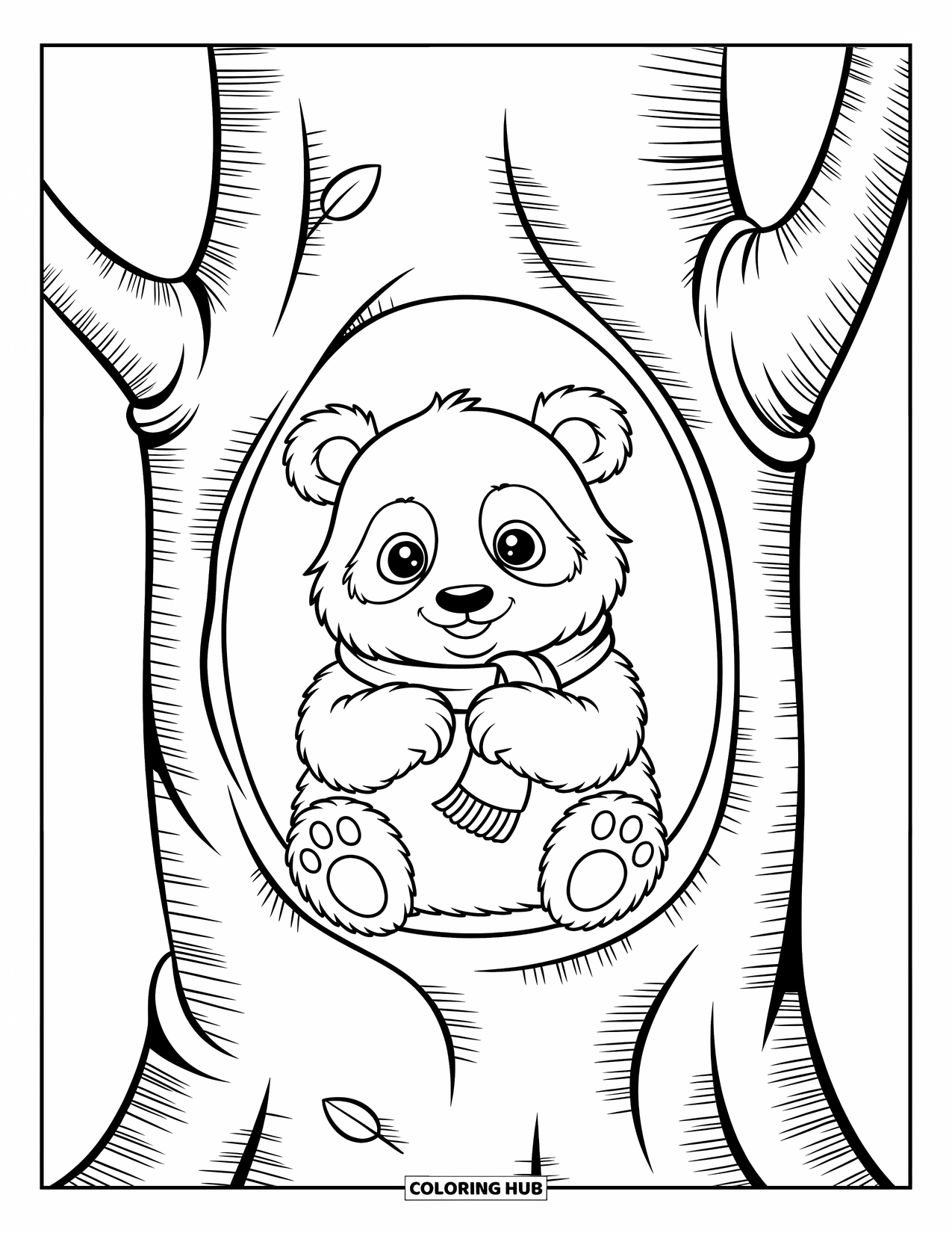 Disegno di un panda da colorare per bambini: Un panda siede comodamente all'interno di un tronco d'albero cavo, avvolto in una minuscola sciarpa, con foglie morbide nelle vicinanze