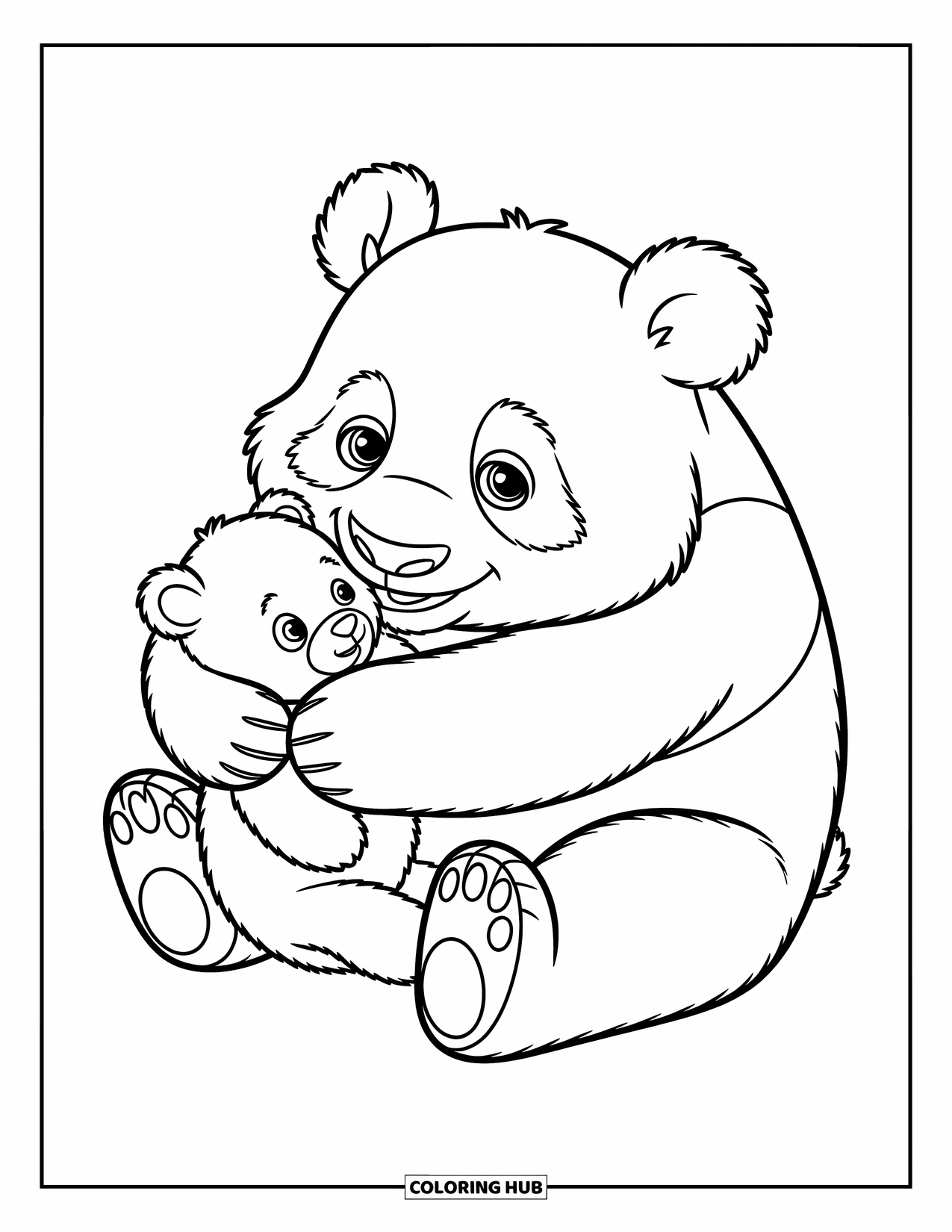 Disegno di panda da colorare per bambini: Un panda coccola un piccolo orsetto di peluche, irradiando calore e conforto