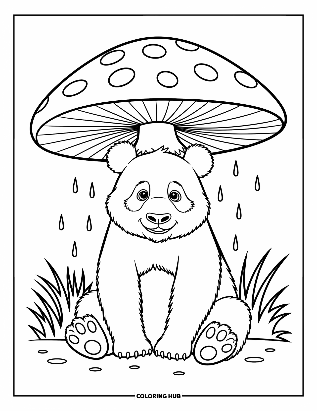 Disegno di un panda da colorare per bambini: Un panda si rannicchia sotto il cappello di un fungo, rimanendo asciutto mentre la pioggia cade dolcemente intorno a lui