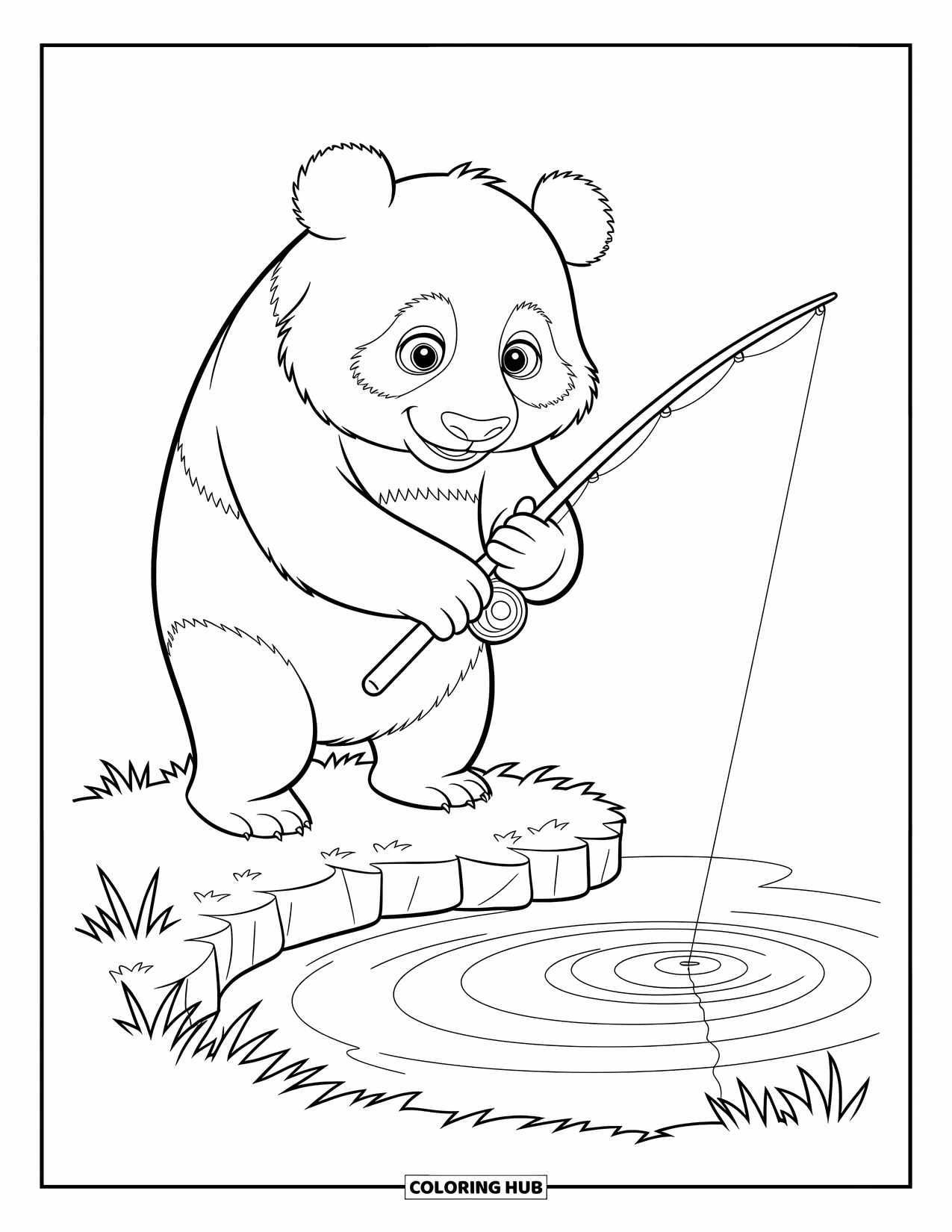 Disegno di un panda da colorare per bambini: Un panda si trova accanto a uno stagno, immergendo la sua lenza nell'acqua con uno sguardo di meraviglia