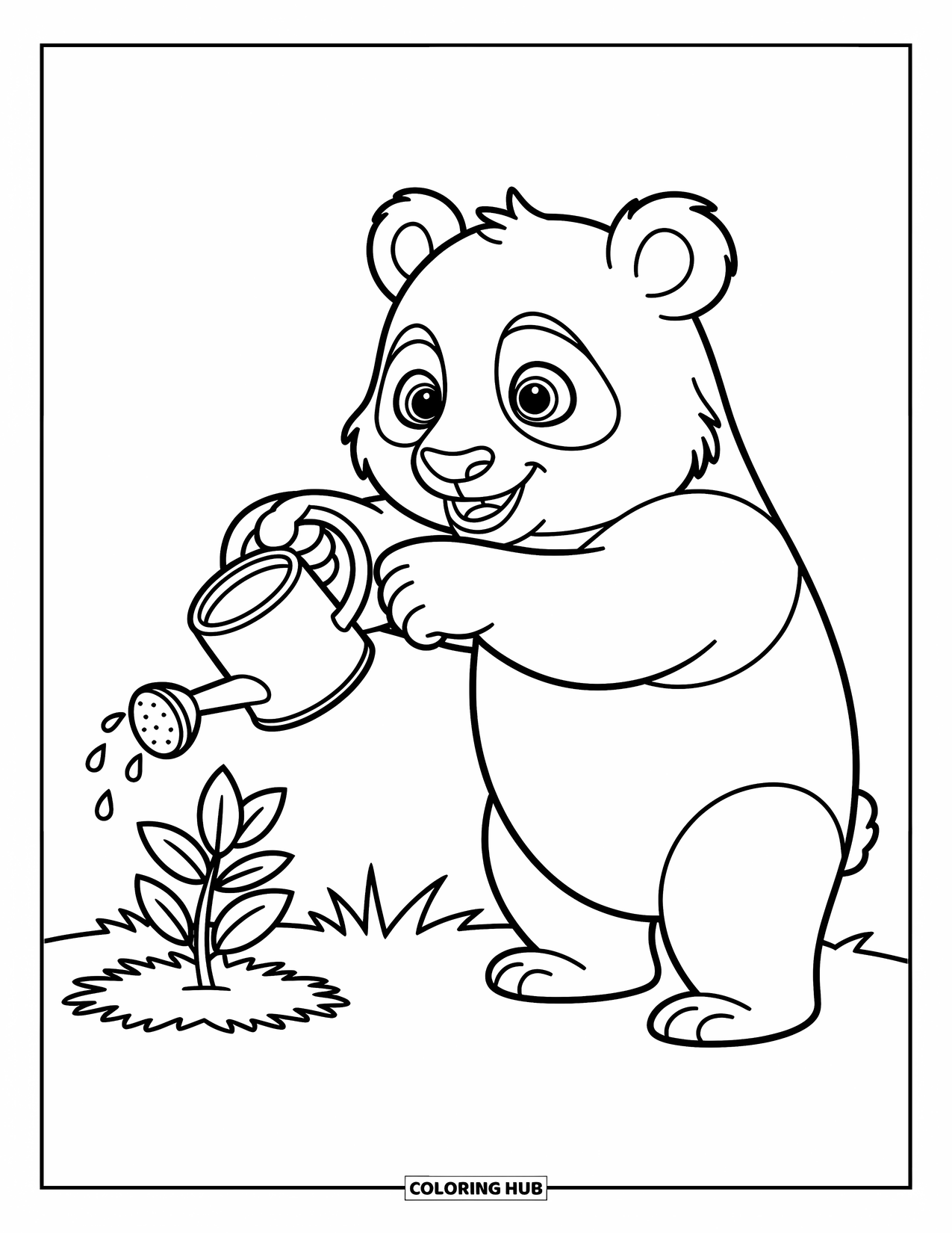 Disegno di panda da colorare per bambini: Un panda sta felicemente annaffiando una pianta, guardando le goccioline cadere sulle sue foglie in crescita