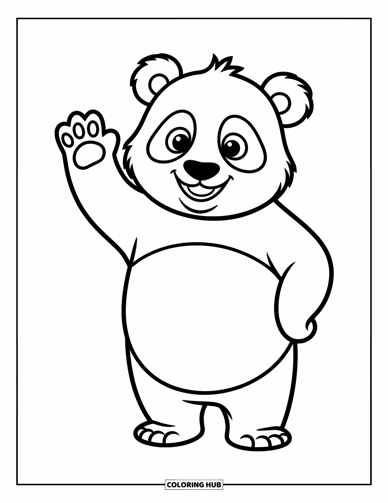 Disegno di panda da colorare per bambini: Un panda si erge sulle zampe posteriori, salutando giocosamente con un'espressione allegra
