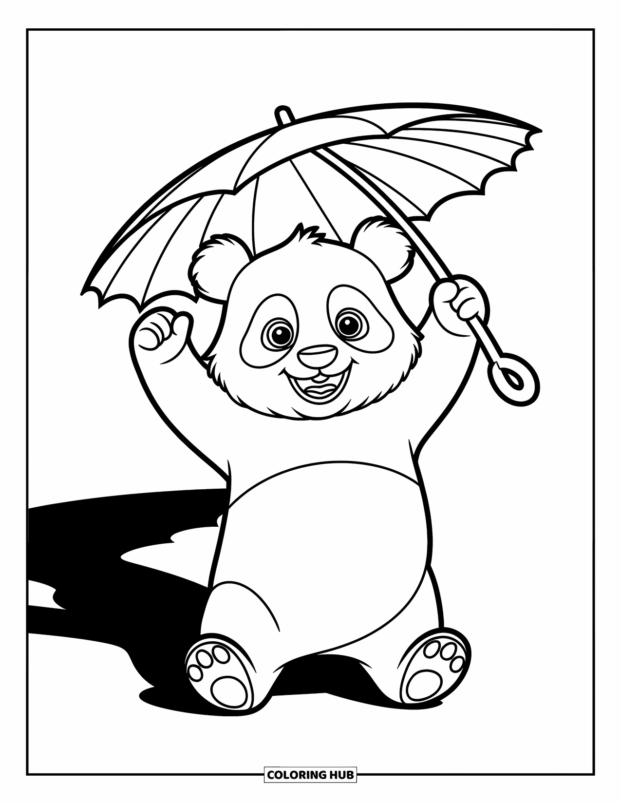 Disegno di panda da colorare per bambini: Un panda si trova sotto una foglia gigante, con gli occhi pieni di curiosità e gioia