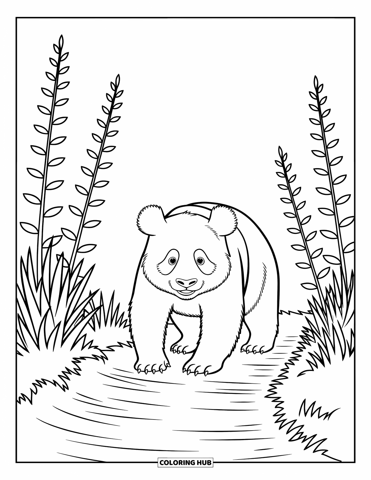 Disegno di un panda da colorare per bambini: Un panda passeggia attraverso un paesaggio da sogno, incorniciato da piante ondeggianti e un senso di movimento