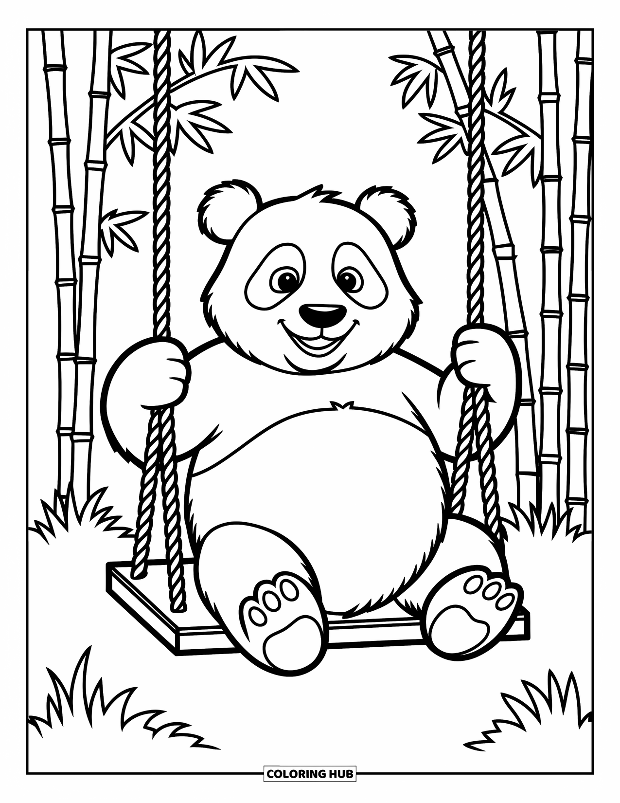 Disegno di panda da colorare per bambini: Un panda si dondola su un'altalena di legno, immerso in una tranquilla foresta di bambù