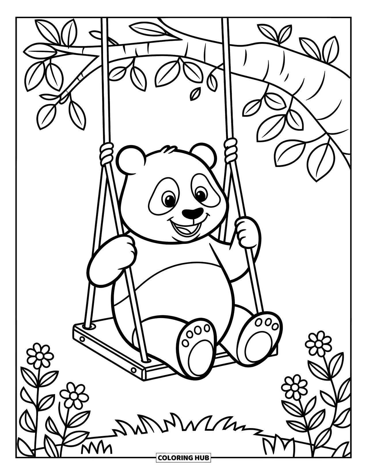 Disegno di panda da colorare per bambini: Un panda si dondola da un ramo di un albero, circondato da foglie e fiori stravaganti