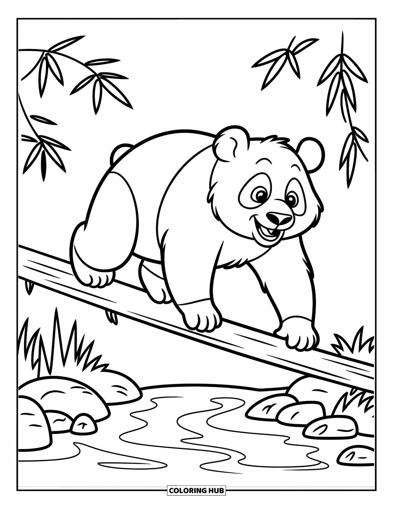 Disegno di panda da colorare per bambini: Un panda si sporge su un tronco sopra un ruscello, la sua espressione determinata cattura la sfida