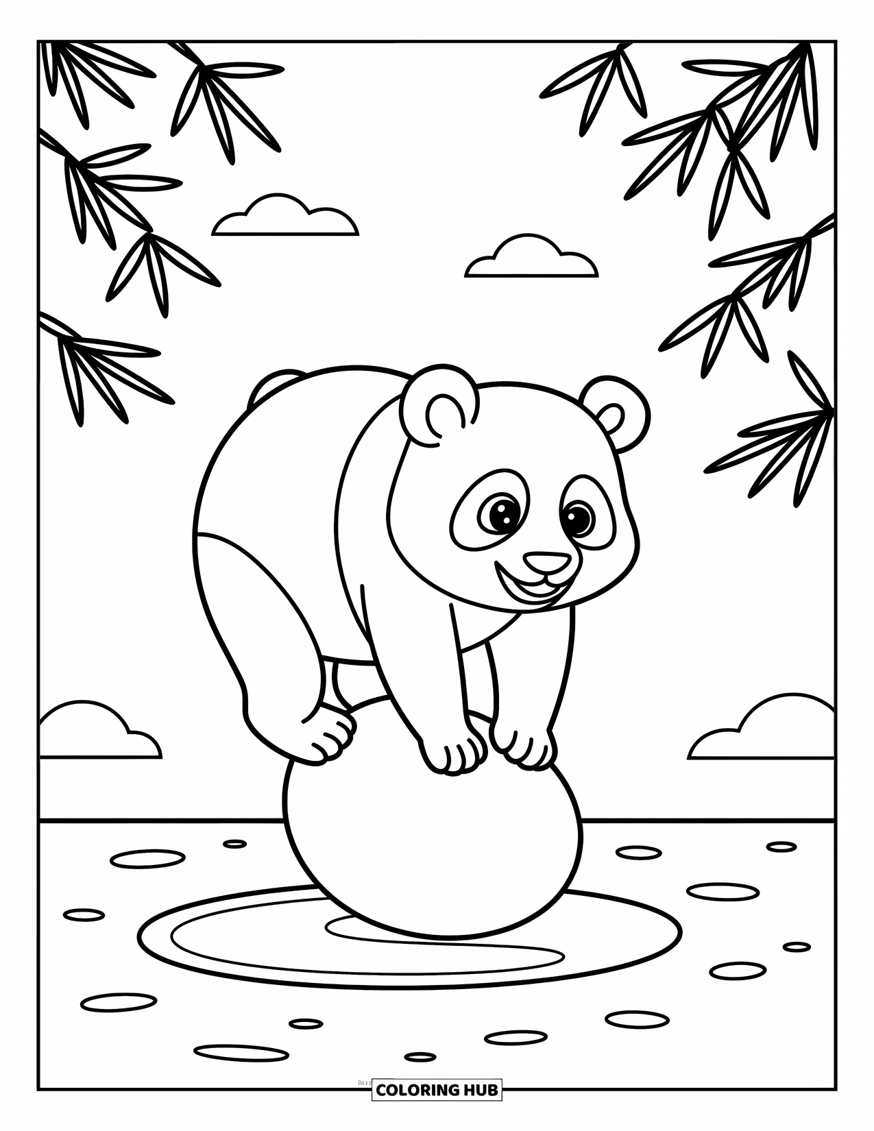 Disegno di panda da colorare per bambini: Un panda barcolla su una pietra, con le zampe che si aggiustano per l'equilibrio in un momento giocoso