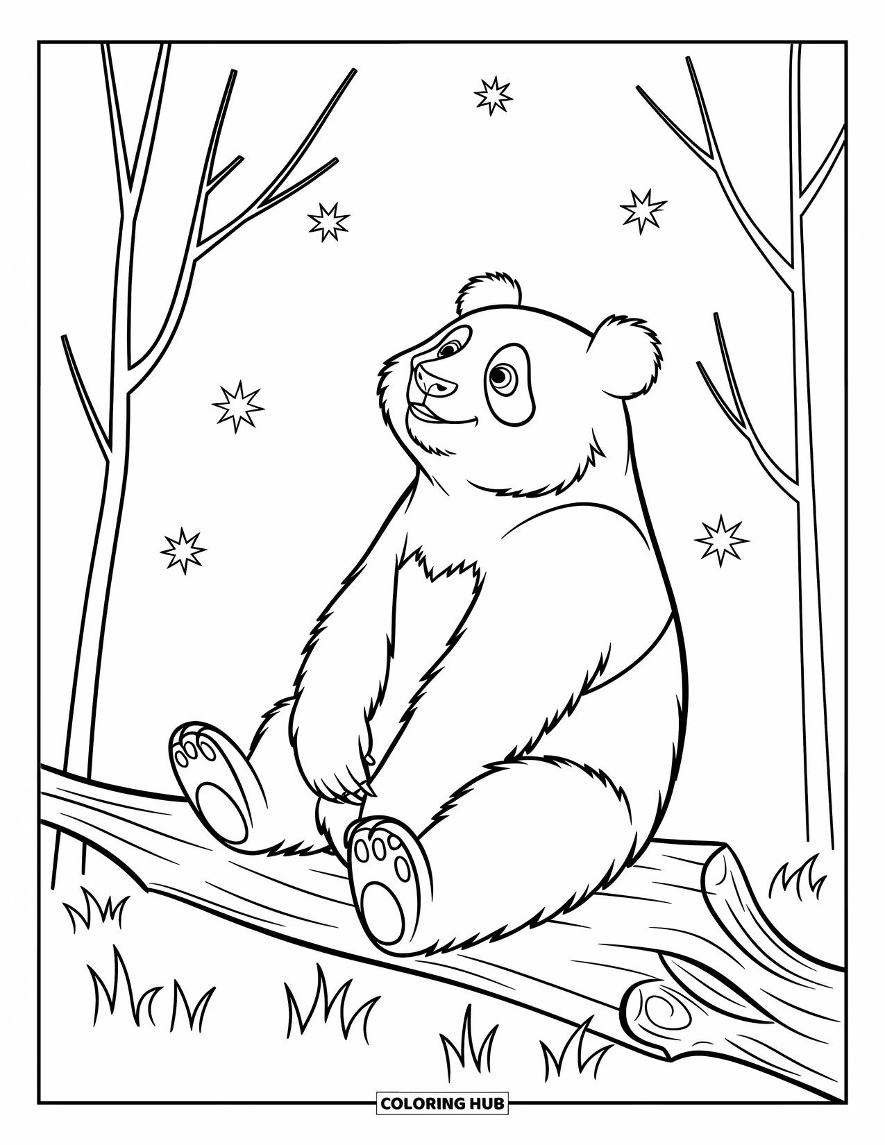 Disegno di un panda da colorare per bambini: Un panda pacifico riposa su un tronco d'albero, guardando le stelle in una foresta tranquilla