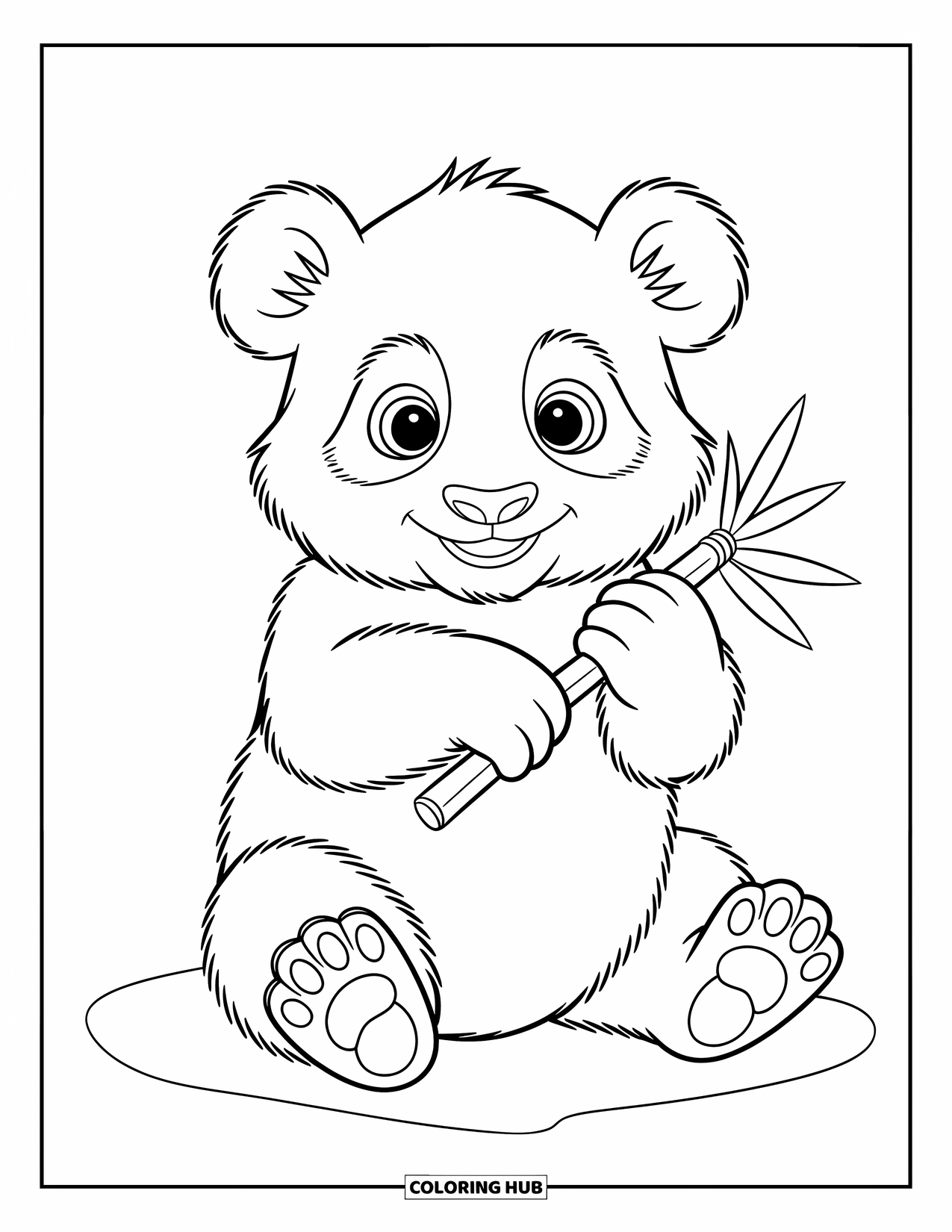 Disegno di un panda da colorare per bambini: Un cucciolo di panda giocoso tiene in mano un gambo di bambù, i suoi grandi occhi pieni di curiosità