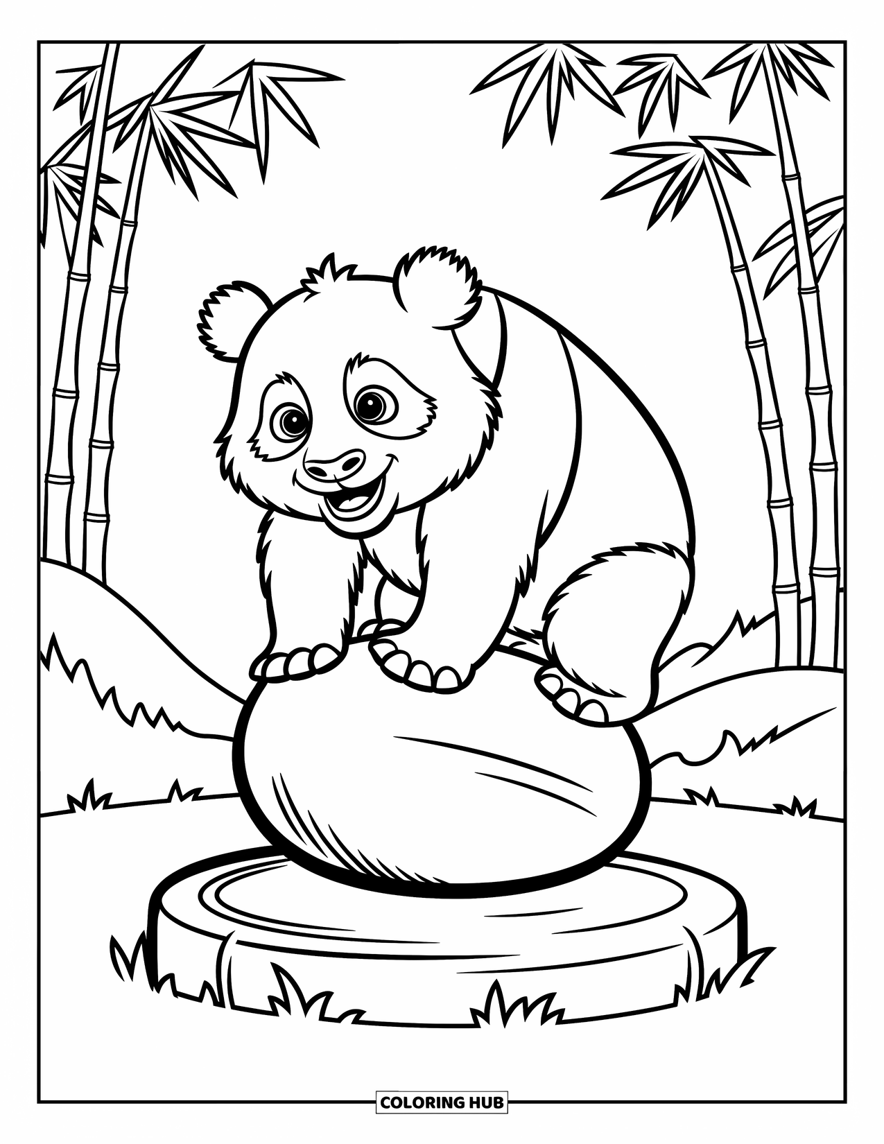 Disegno di panda da colorare per bambini: Un panda giocherellone si tiene in equilibrio su una pietra rotonda, cercando di rimanere stabile