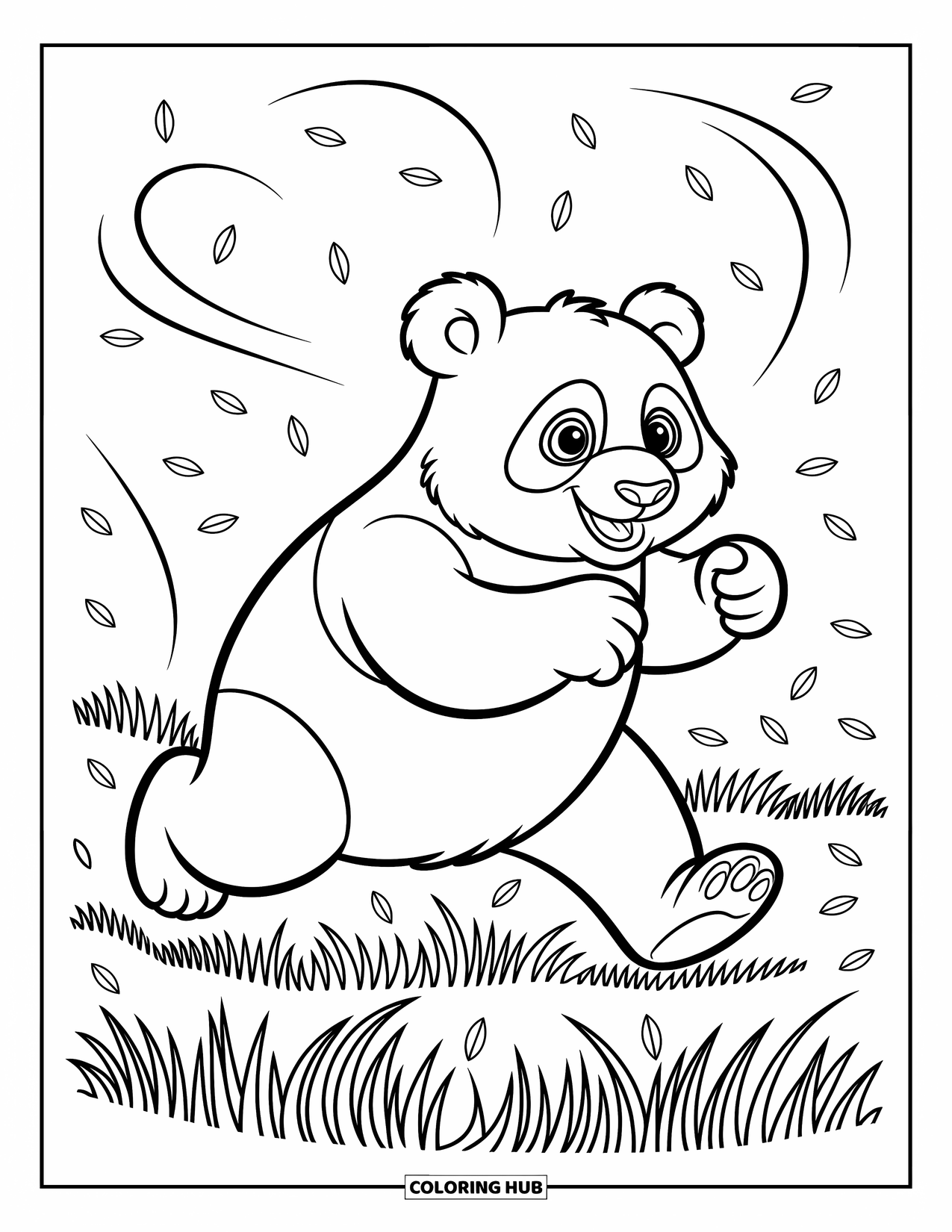 Disegno di panda da colorare per bambini: Un panda giocherellone sfreccia attraverso un campo aperto, circondato da foglie fluttuanti in movimento