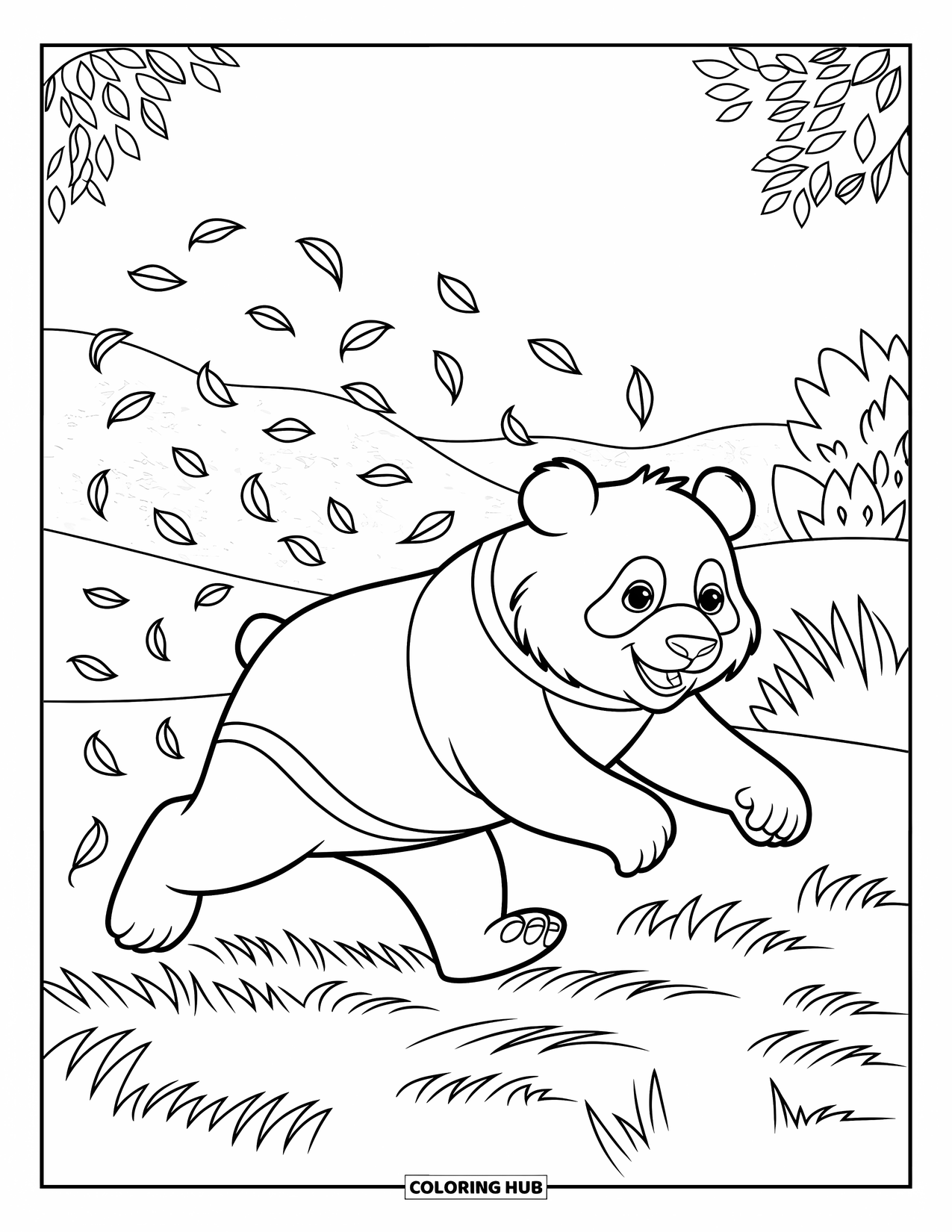Disegno di panda da colorare per bambini: Un panda giocherellone sfreccia attraverso il paesaggio, con foglie che turbinano nella sua scia in un movimento vivace