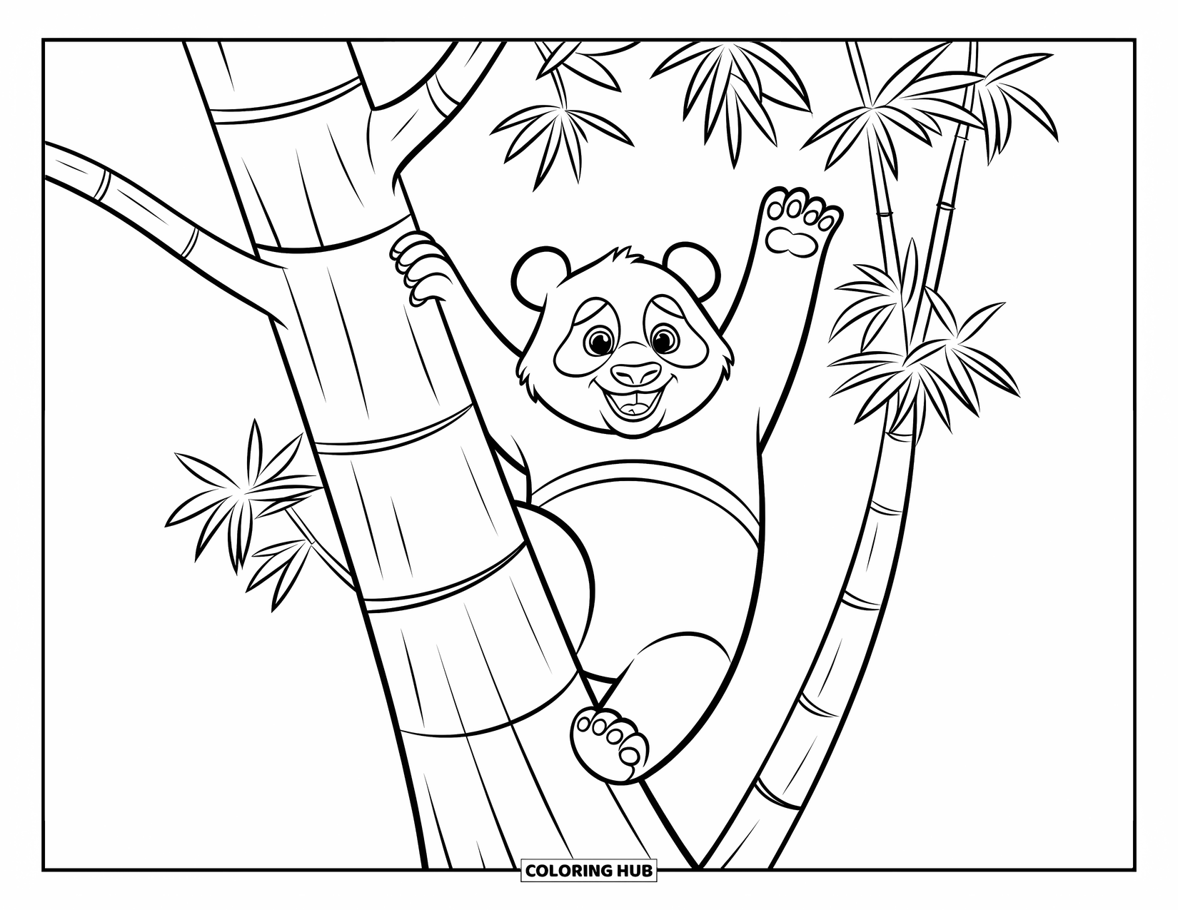 Disegno di panda da colorare per bambini: Un panda giocherellone afferra un ramo di un albero mentre si allunga verso un gruppo di foglie di bambù